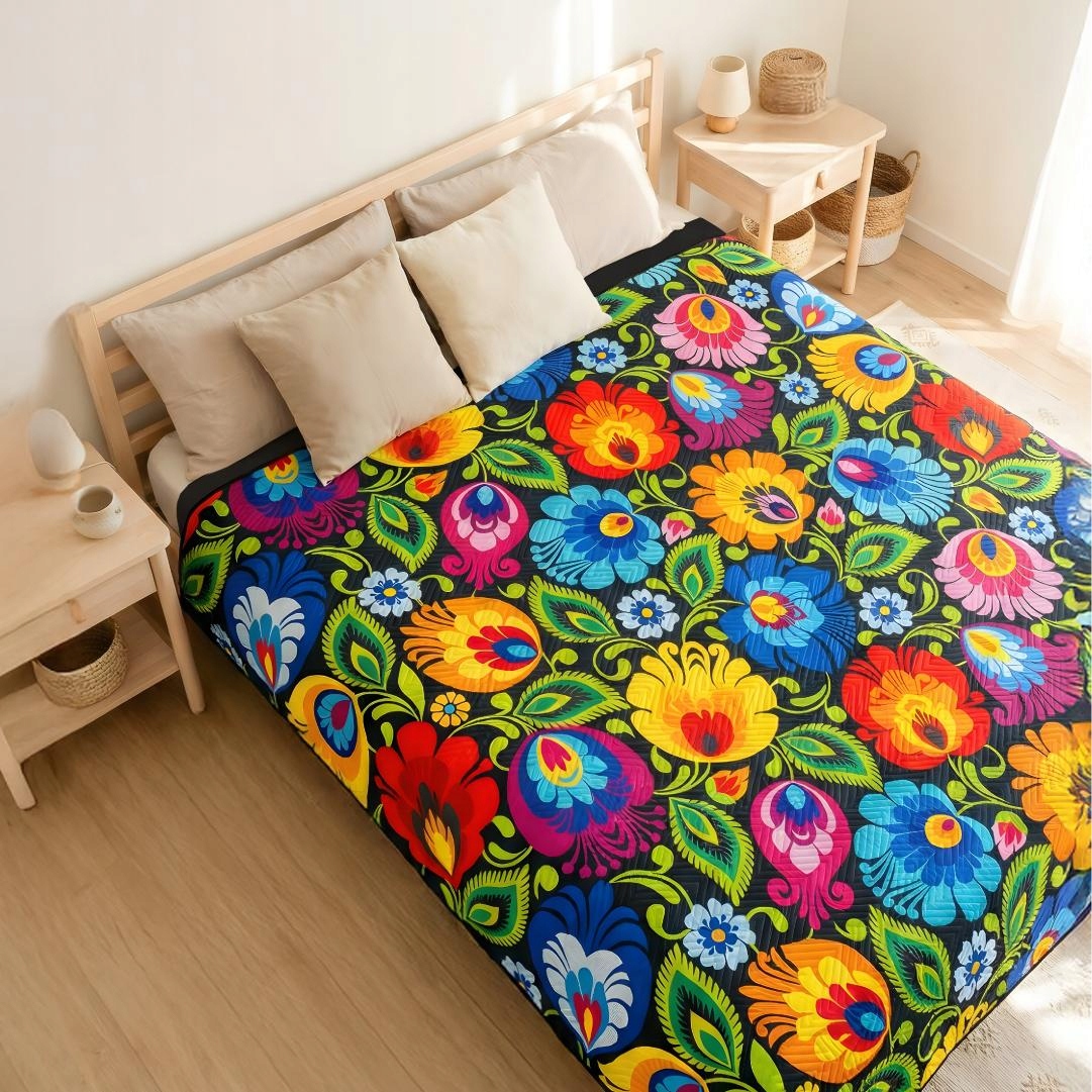 Narzuta Na Łóżko 220x240cm Wzór Łowicki Czarny Kwiaty
