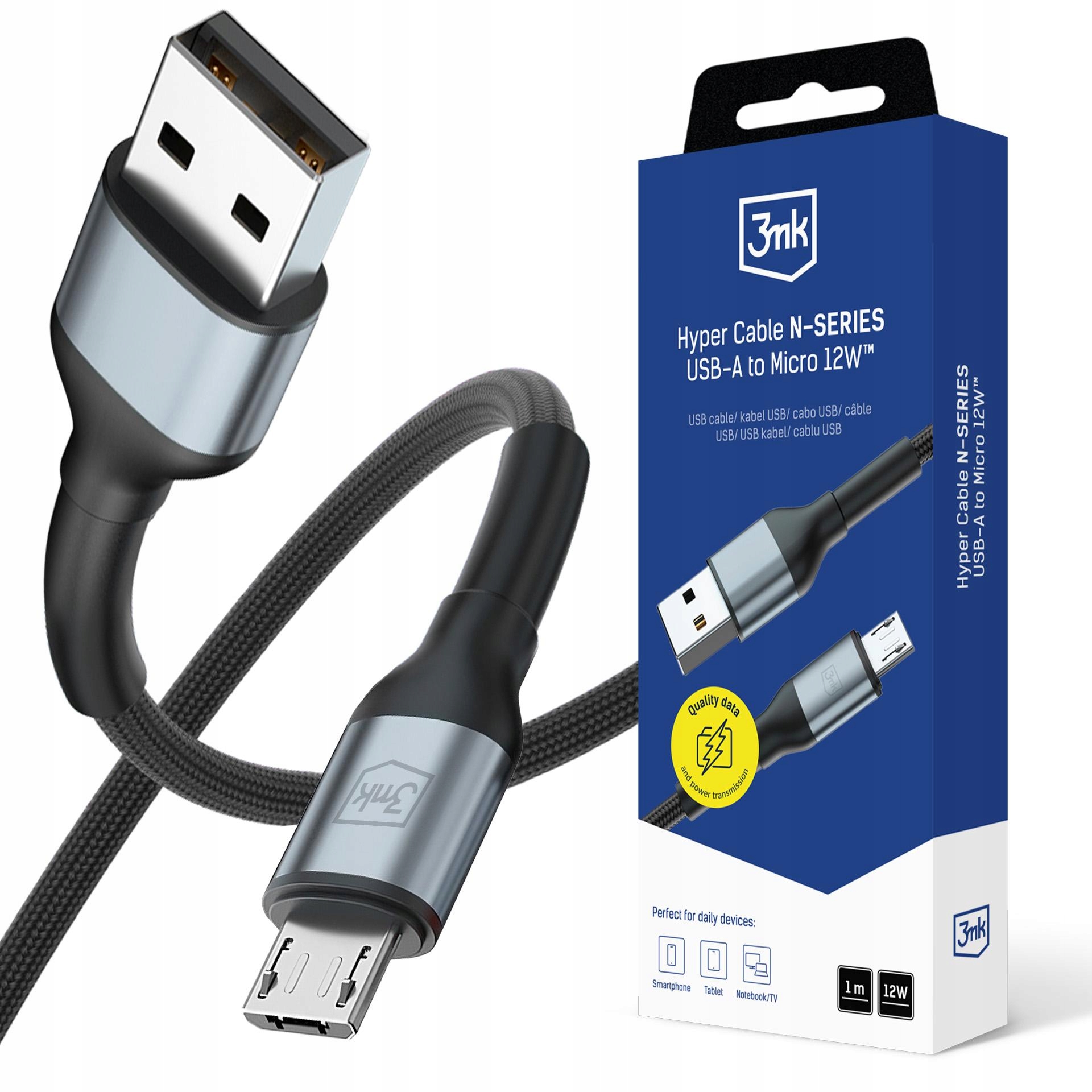 Kabel 3mk Hyper Cable N- Series Usb- A MicroUSB 1m 5V/ 2. 4A 12W czarny