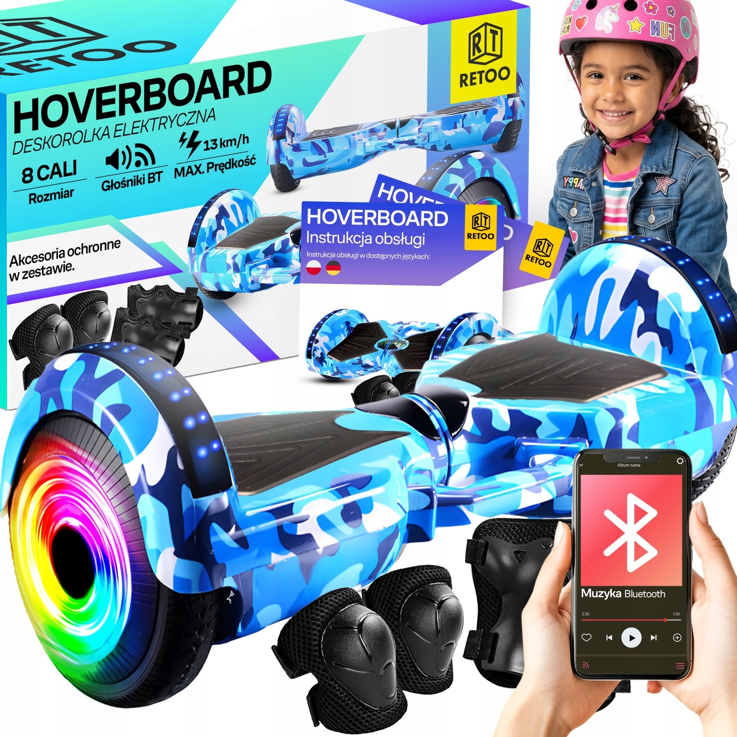 HOVERBOARD DESKOROLKA ELEKTRYCZNA LED DESKA GŁOŚNIK BT 8 CALI OCHRANIACZE