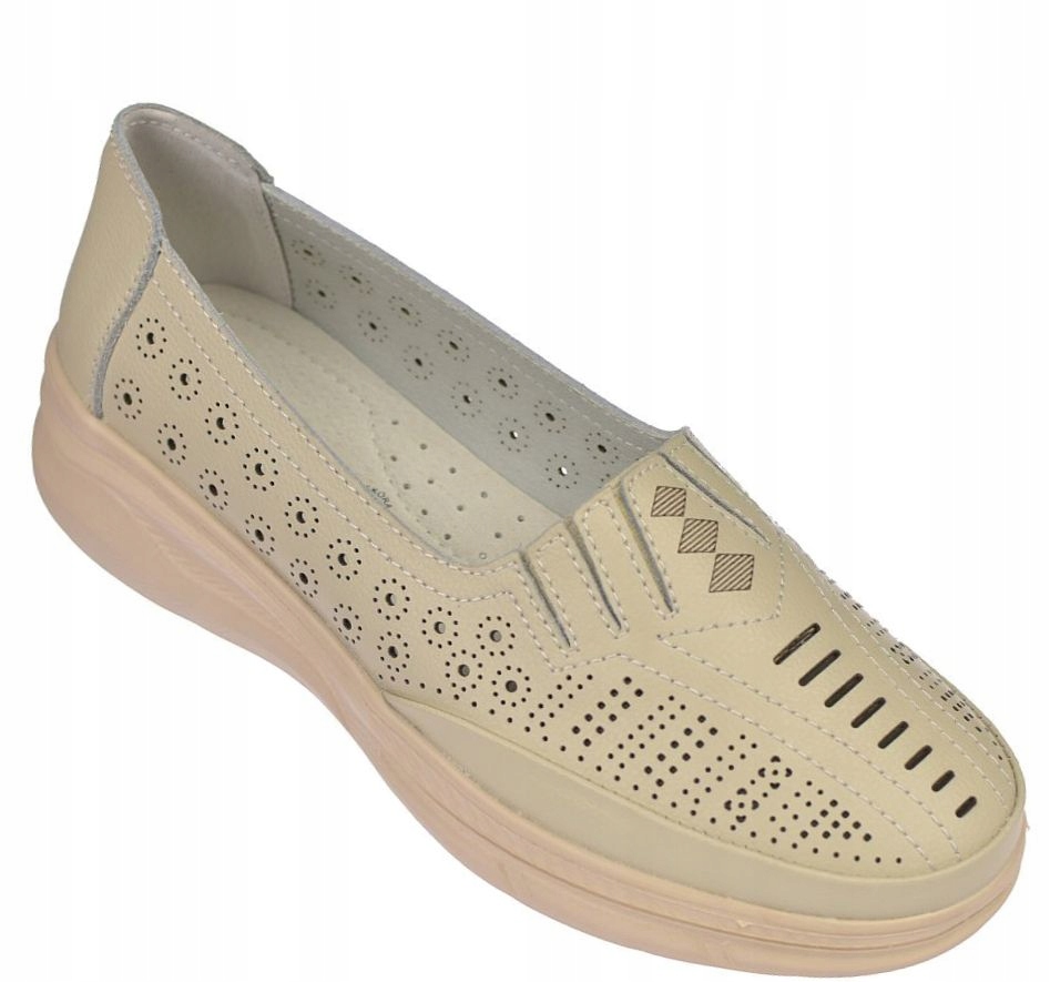 Kožené dámské mokasíny 24098 Béžové nazouvací polobotky Ažurové Lehké vel. 40
