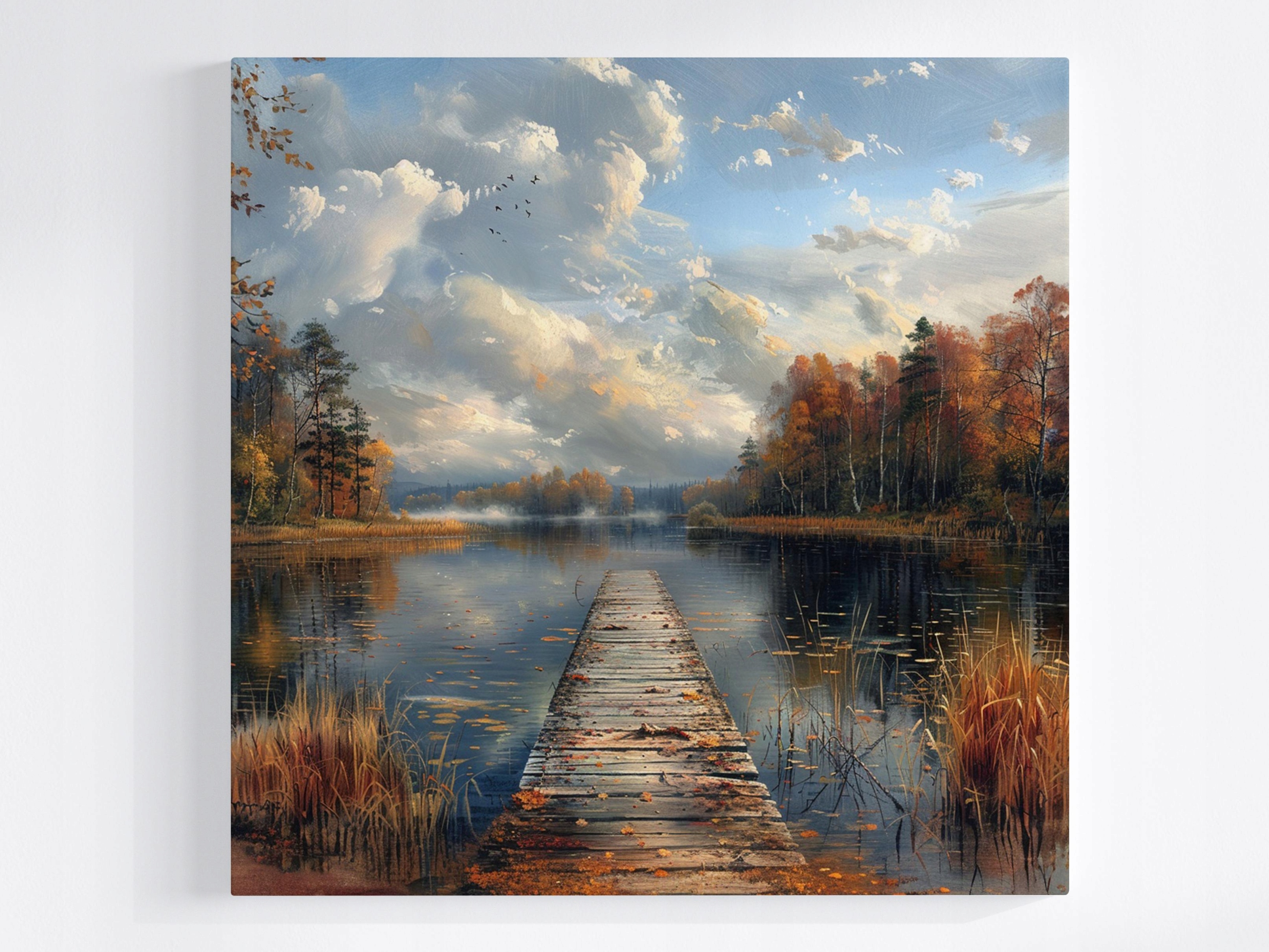 Obraz Na Plátně Canvas Krajina Les Jezero Most Molo Podzim Mlha 80x80