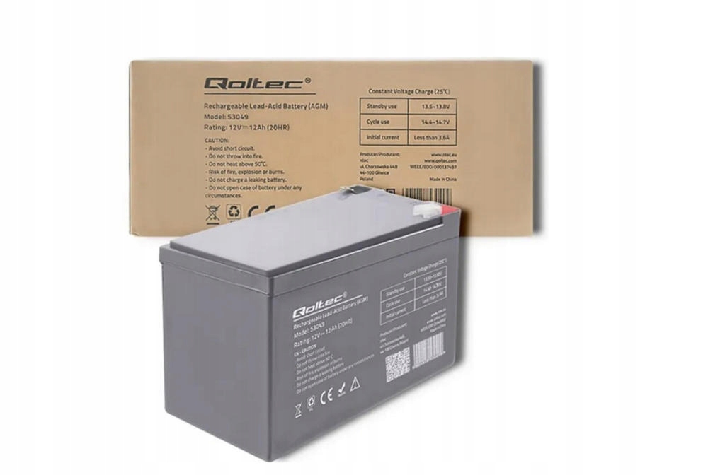 Вес продукта батареи QOLTEC 53049 12ah 12V с упаковкой блока 3.6 kg