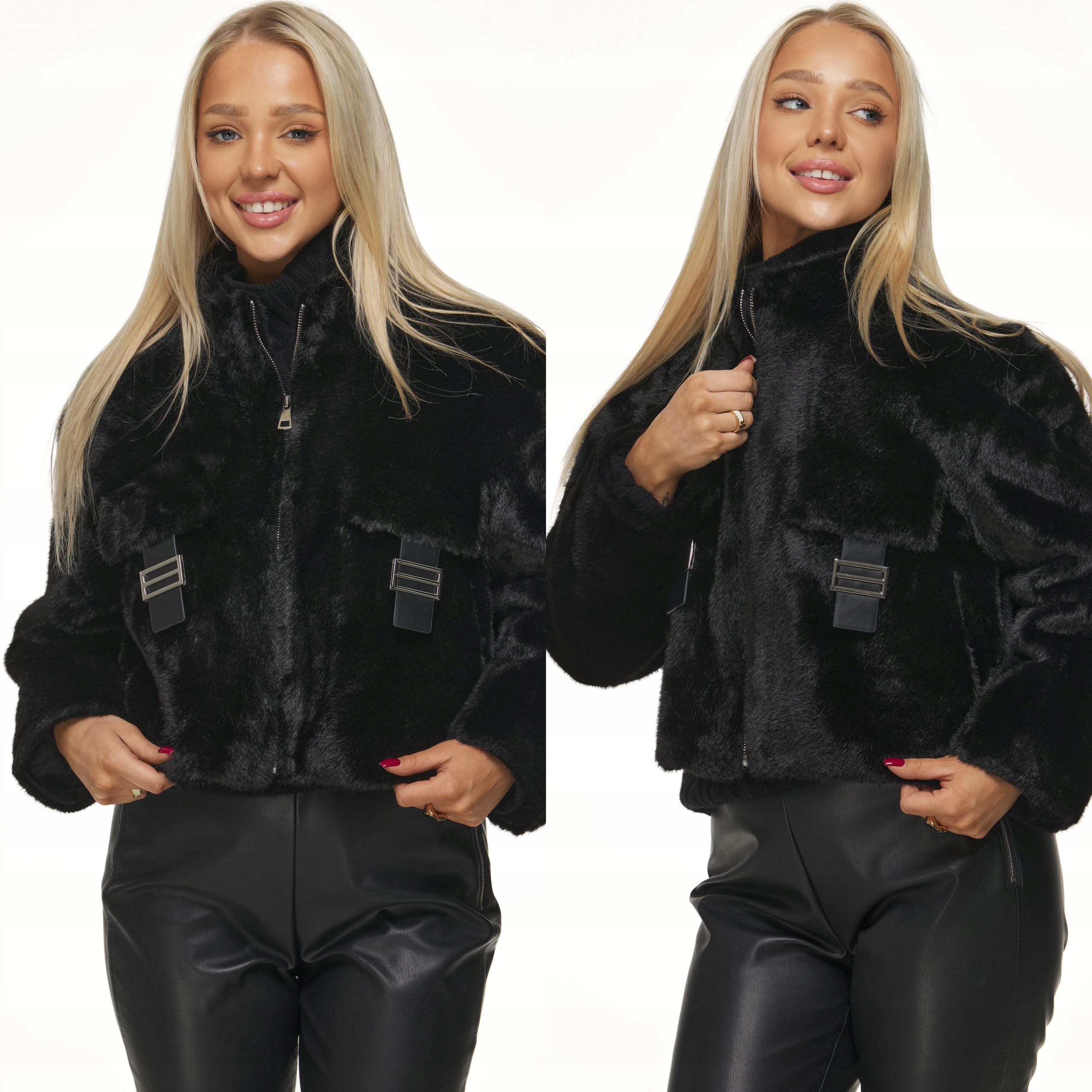Dámská Bunda zimní lehká krátká kožešinová kožíšek s kapsami, černá