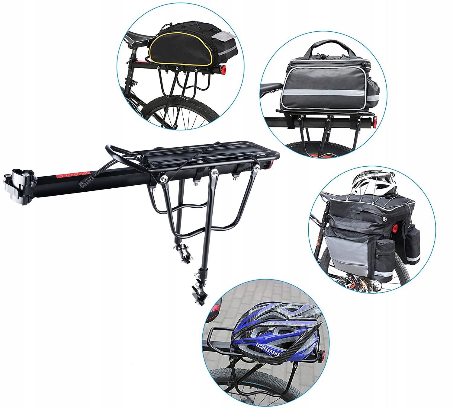 Bagażnik Rowerowy Wzmacniany Tylny pod Sakwy Regulowany Udźwig do 50kg Kolor dominujący czarny
