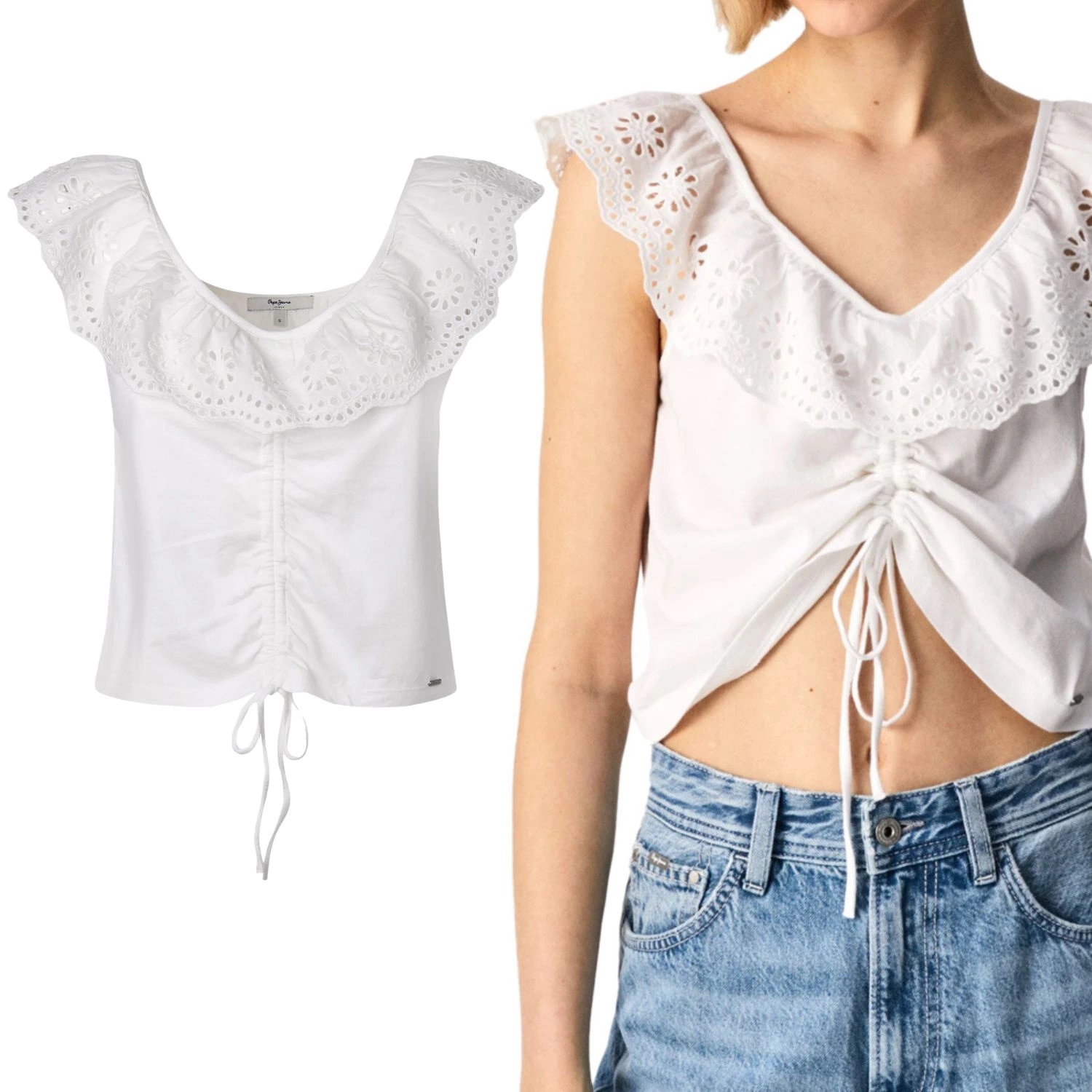 Dámská tenká dámská halenka Pepe Jeans s krátkými volánky, bílá, velikost vel.