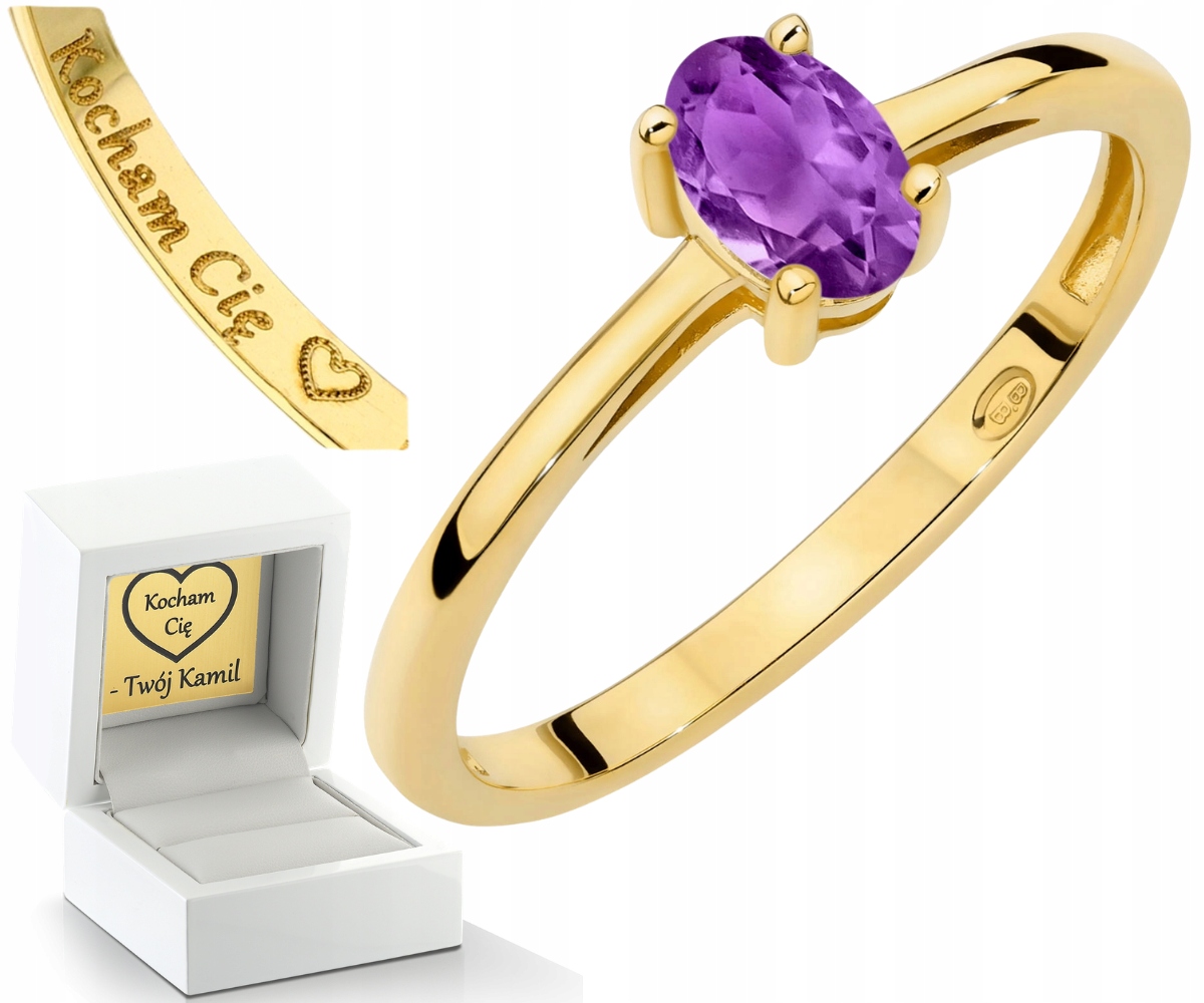 Zlatý Prstýnek Přírodní Kámen Ametyst Drť 585 14K Gravírování