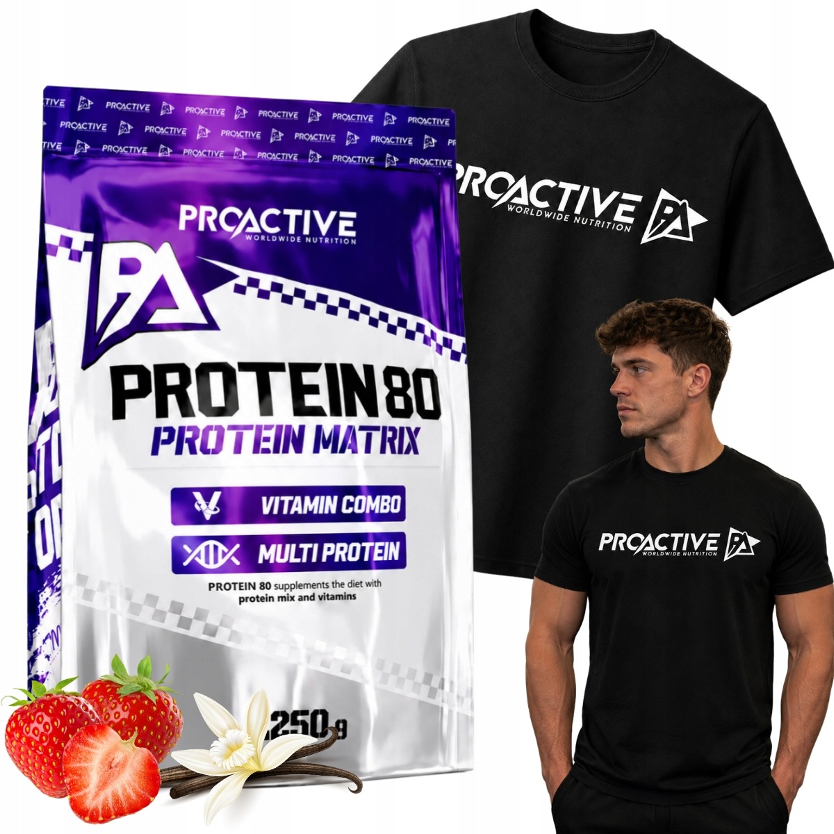 Sada Bílkovin ProActive Protein 80 2250 Jahoda Vanilka Tričko XXL