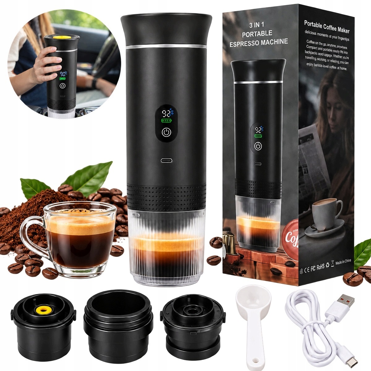 Přenosný Tlakový Kávovar 3V1 20 Bar Elektrický Turistický