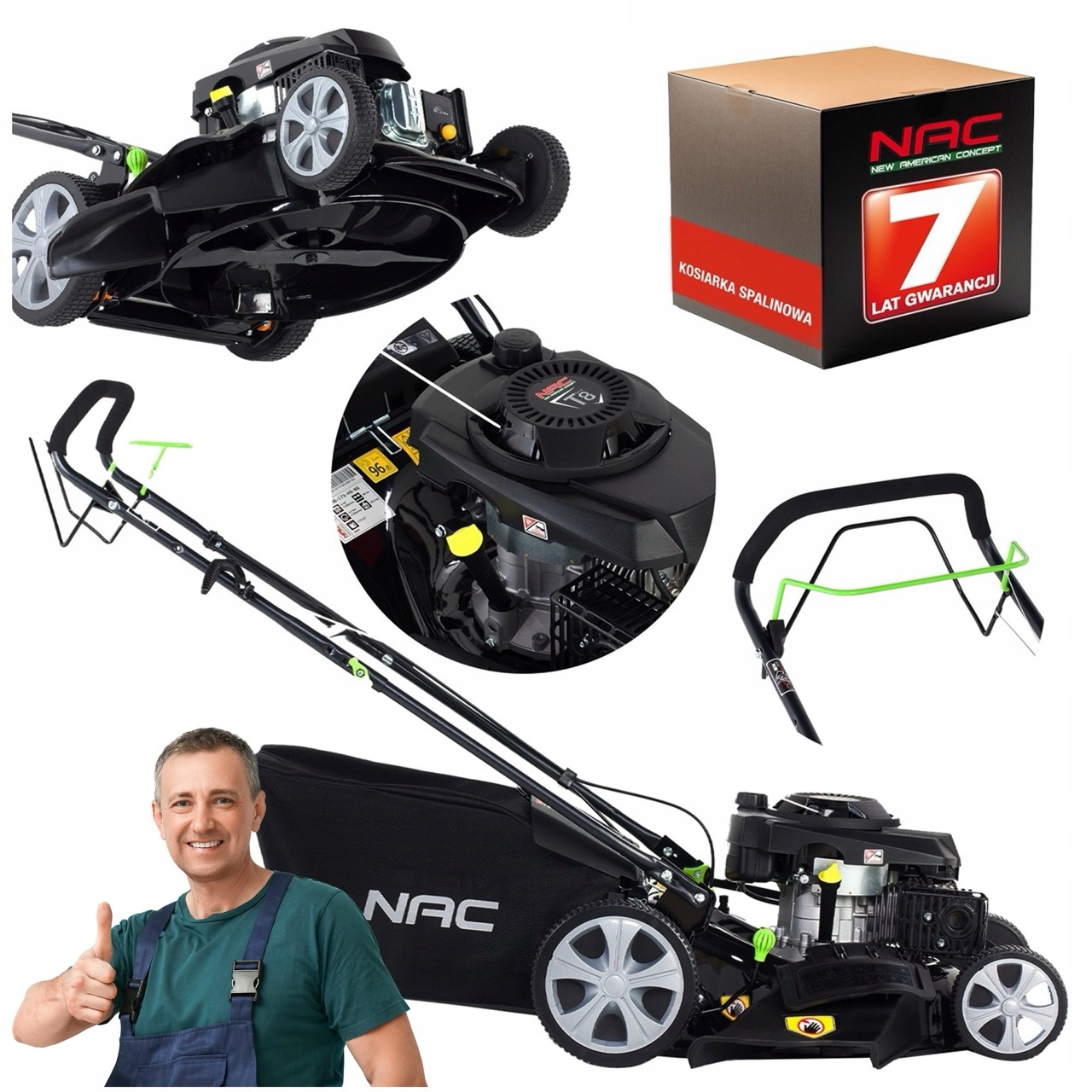 Kosiarka Spalinowa Z Napędem Nac 173CM3 46CM Kosz 60L Duże Koła Mielenie