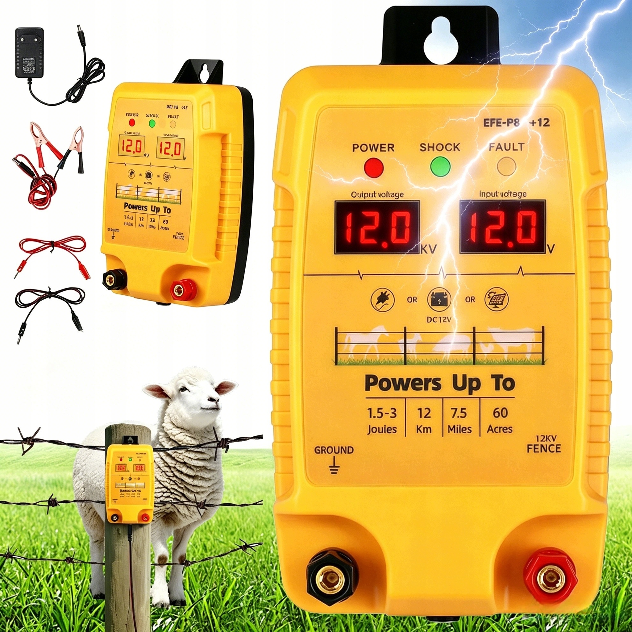 Elektrizátor Elektrického Plotu 12 Km LCD Pastvina Farma Voděodolná