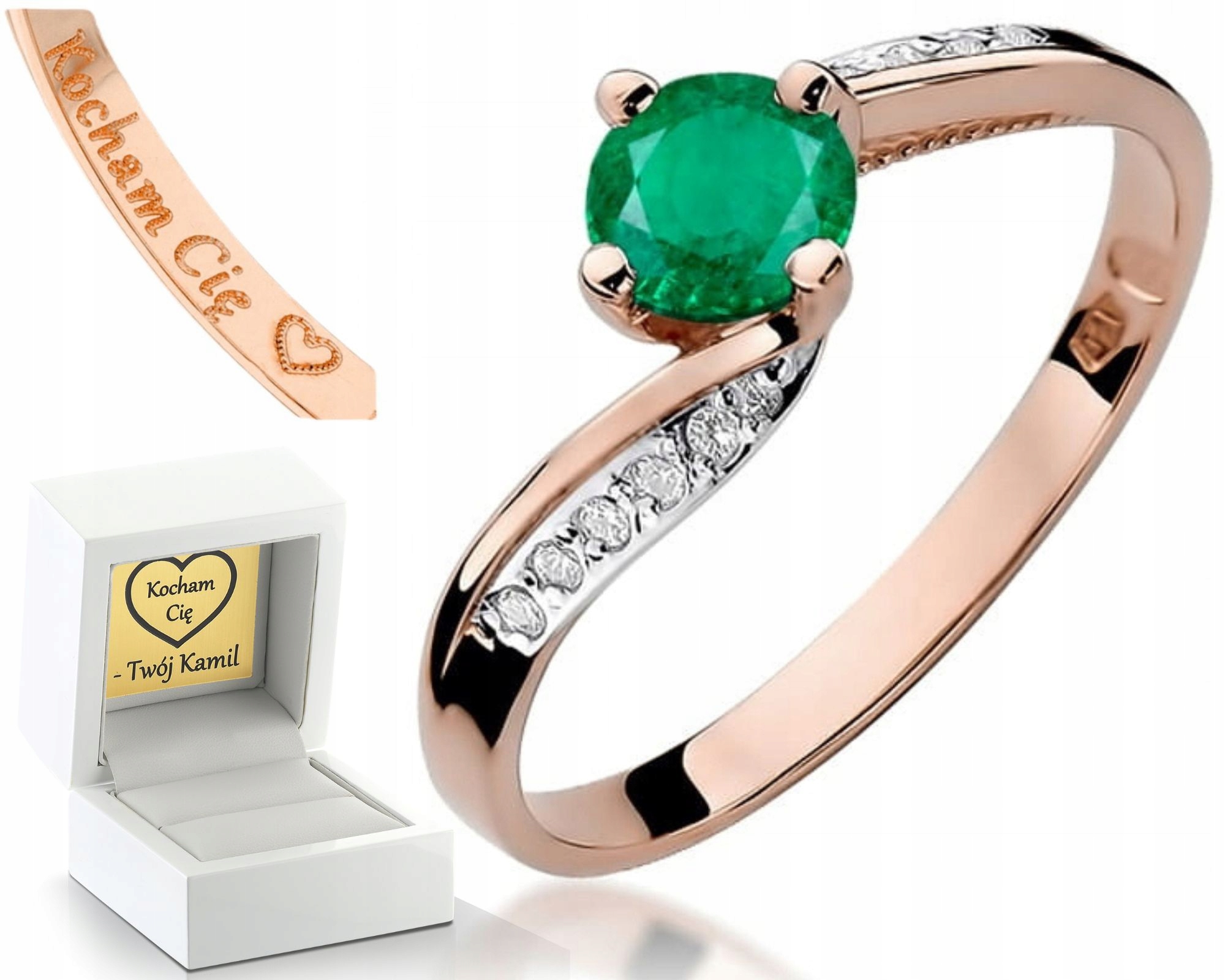 Růžové Zlato Prstýnek Se Smaragdem Diamanty 585