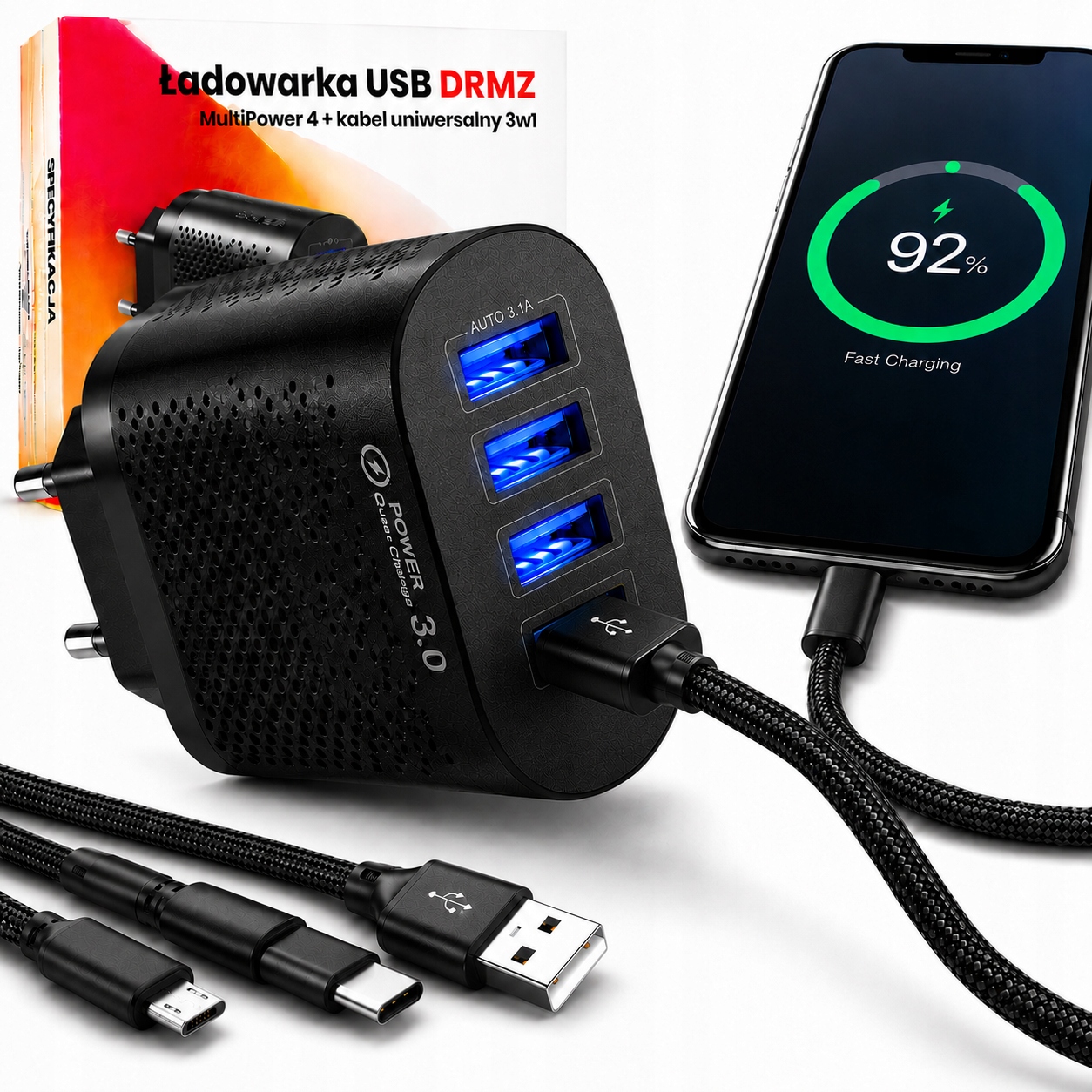 Rychlá Nabíječka Telefonu 4X Usb, Rychlé Nabíjení A Kabel 3V1