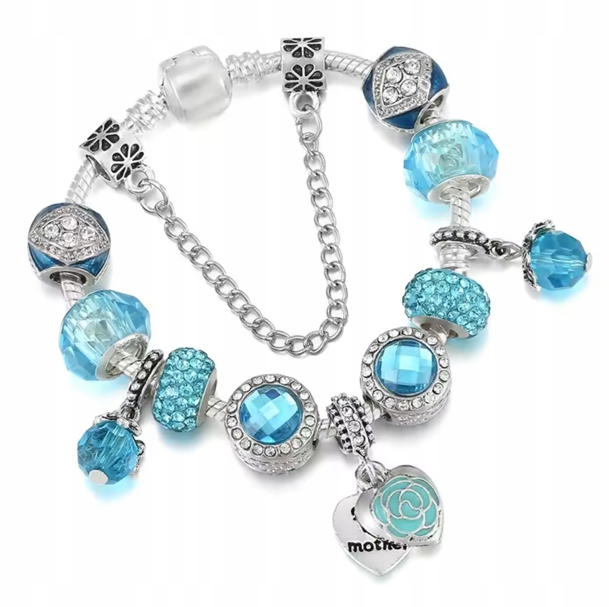 Stříbrný náramek Charms Beads Akvamarín Zirkony Srdce Borůvky Květiny