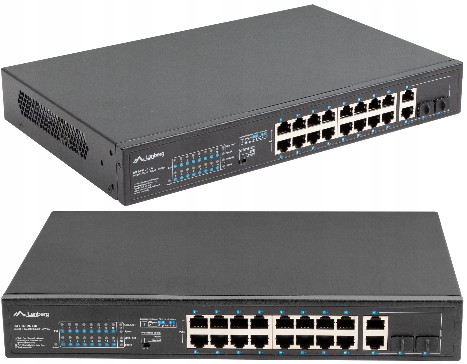 

Switch 1GB Gigabit Rack 19' 16X 100MB POE+/2X 250W