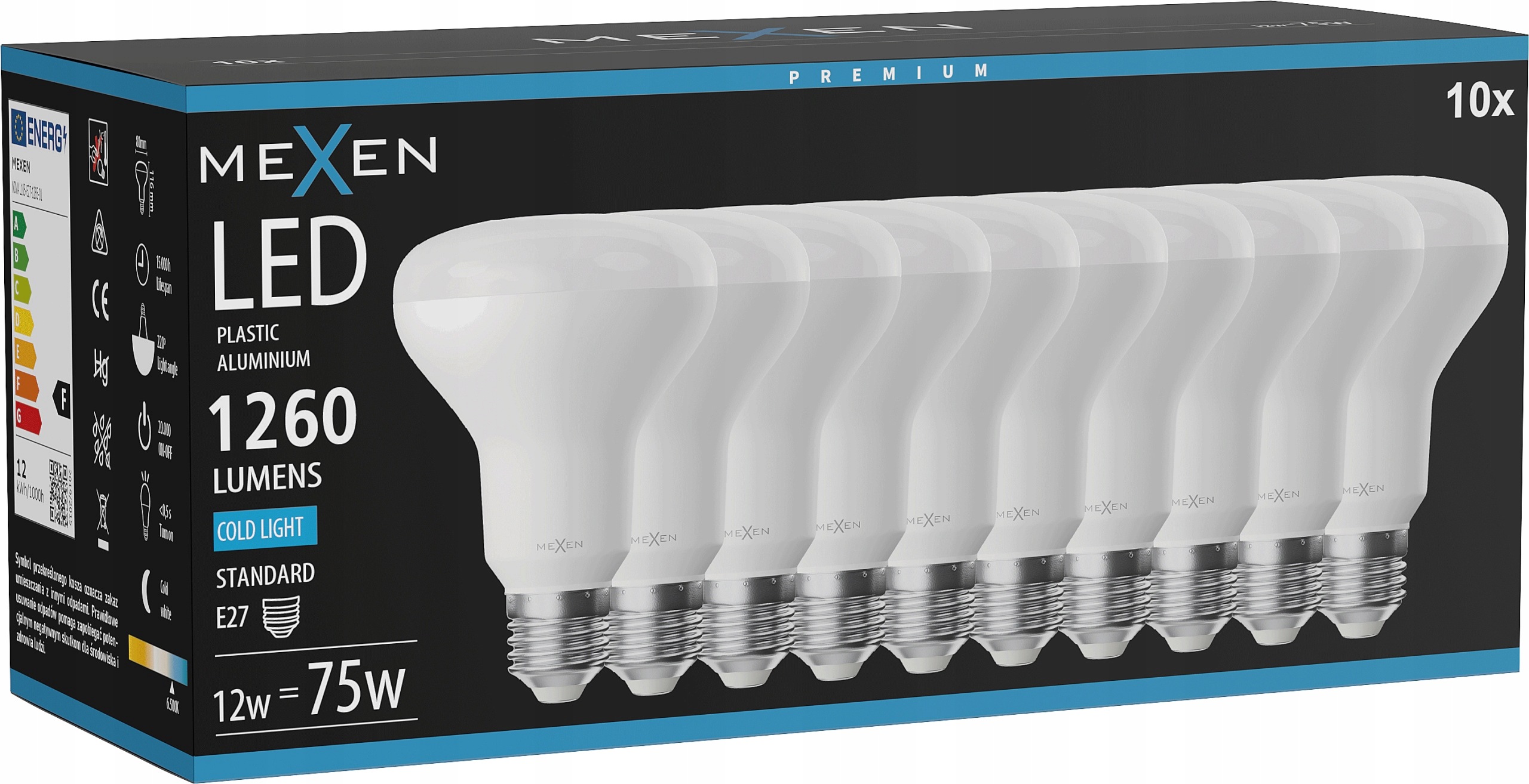 Mexen Nova 10X Led Žárovka E27 R80 12W Studená Bílá 6500K 1260 LM