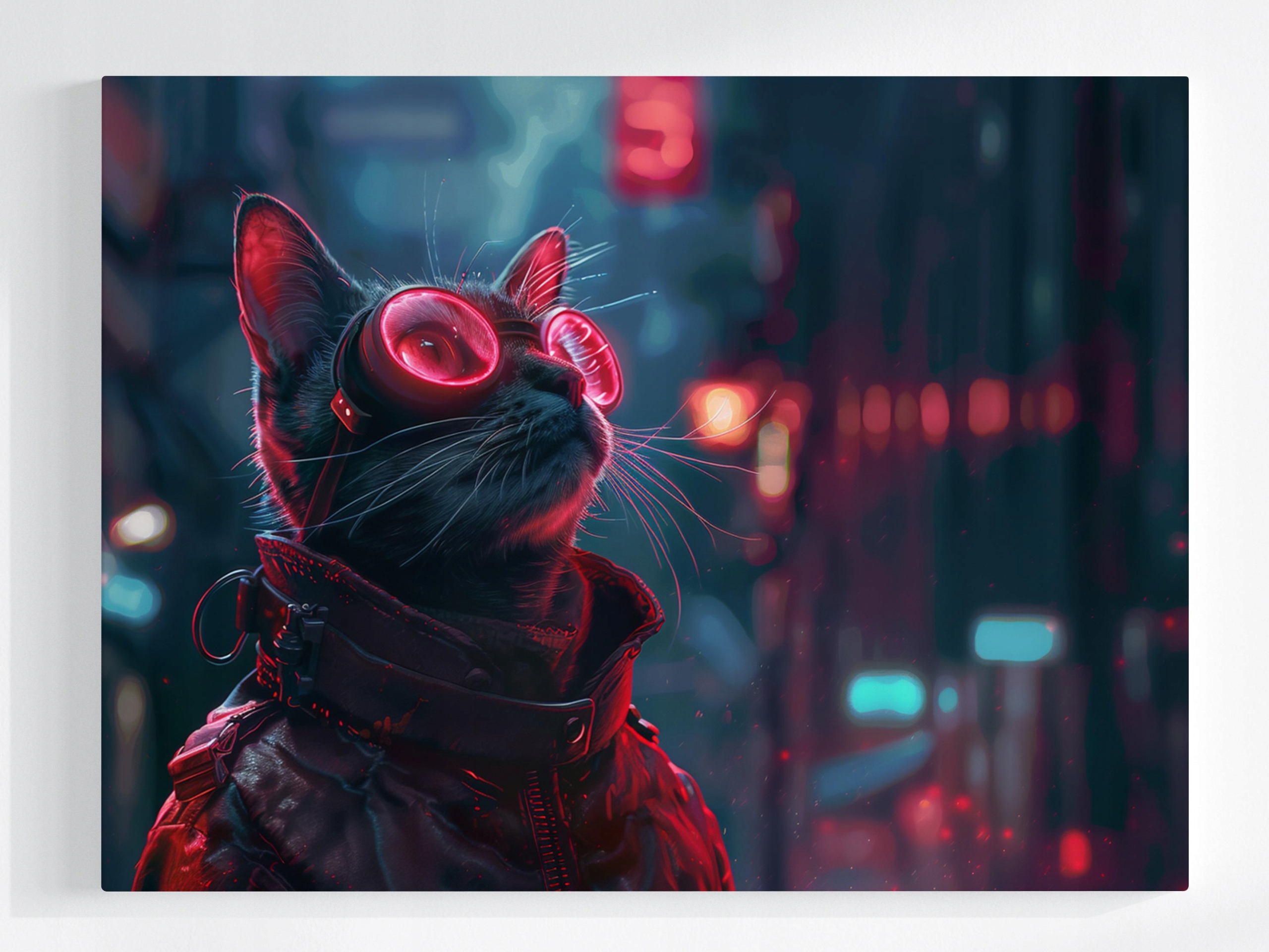 Obraz Na Plátně Canvas Cyberpunk Kočka Kocur Brýle Techno Neon 100x75