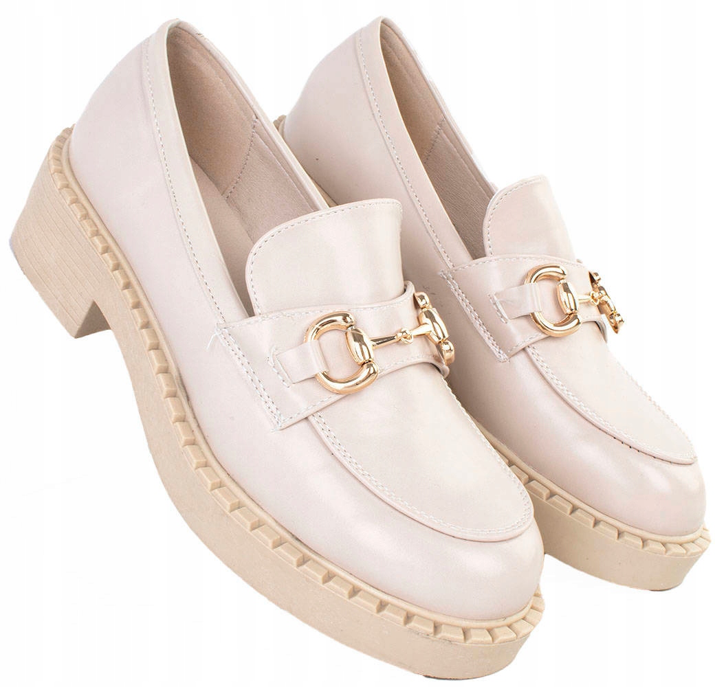 6464 BEŻOWE MOKASYNY PÓŁBUTY PLATFORMA ŁAŃCUCH 41