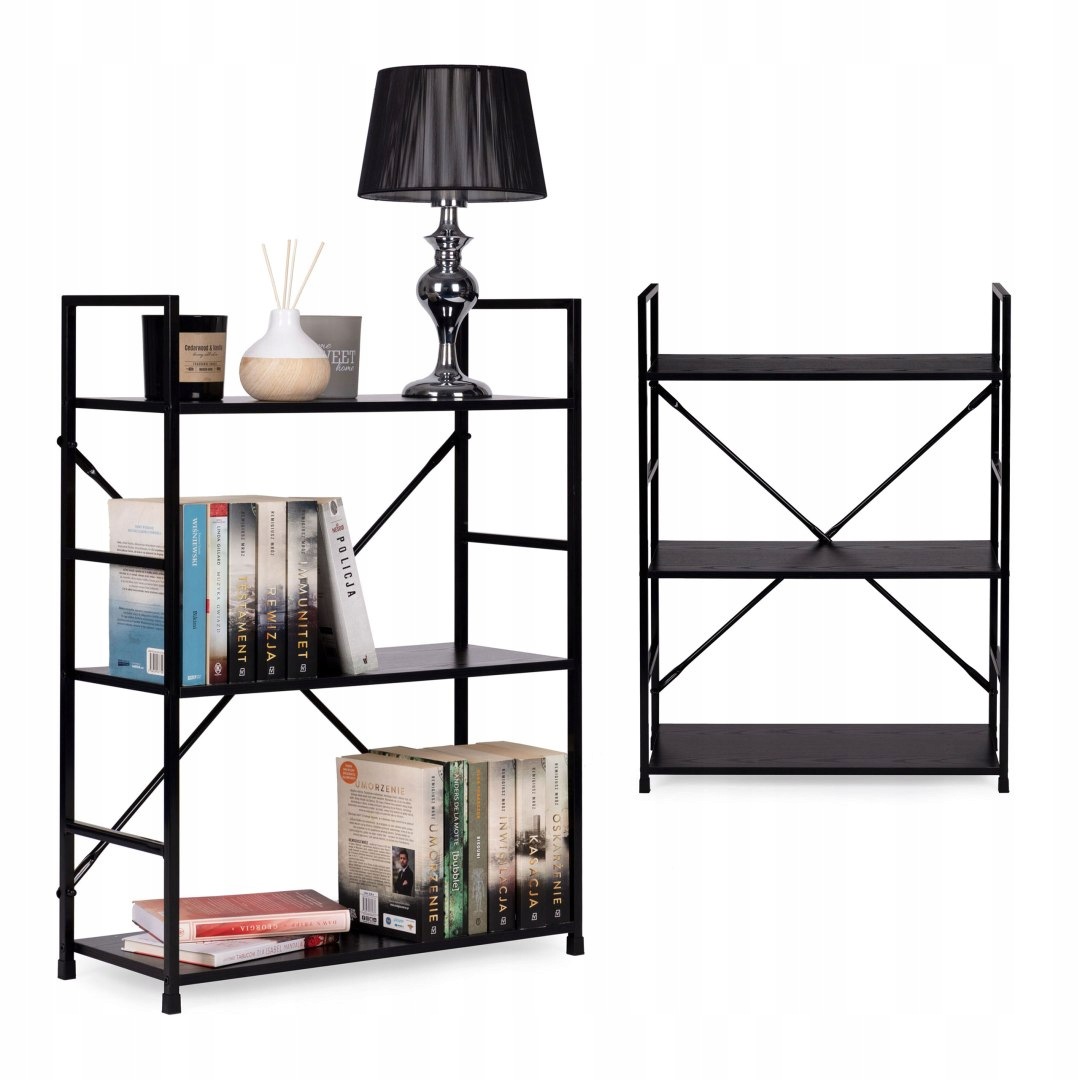 Dřevěný regál kovový rám široký Loft 3 police černý ModernHome