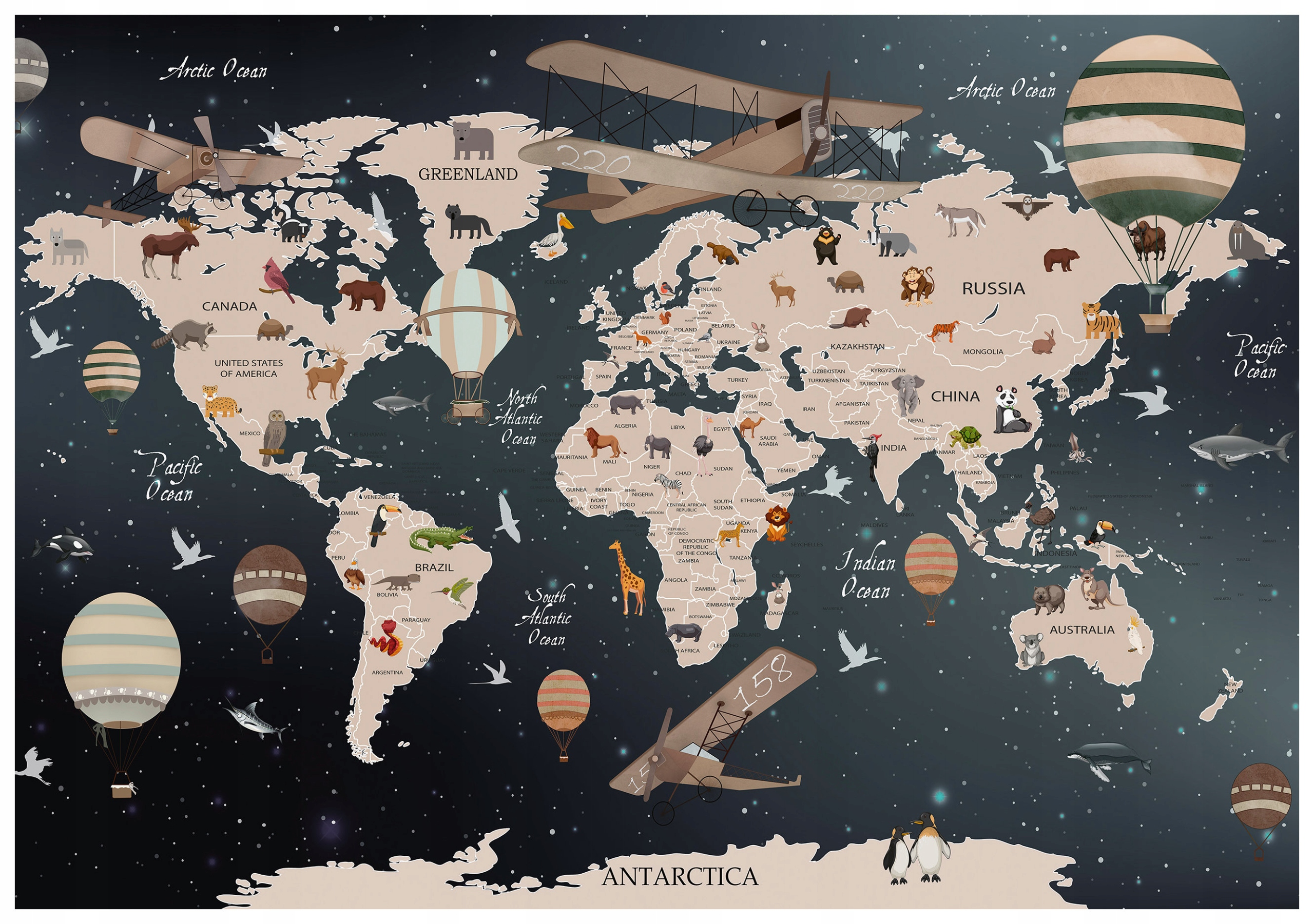 Fototapeta vlies Mapa sveta zvieratá lietadlá vzdelávanie 368x280 lepidlo