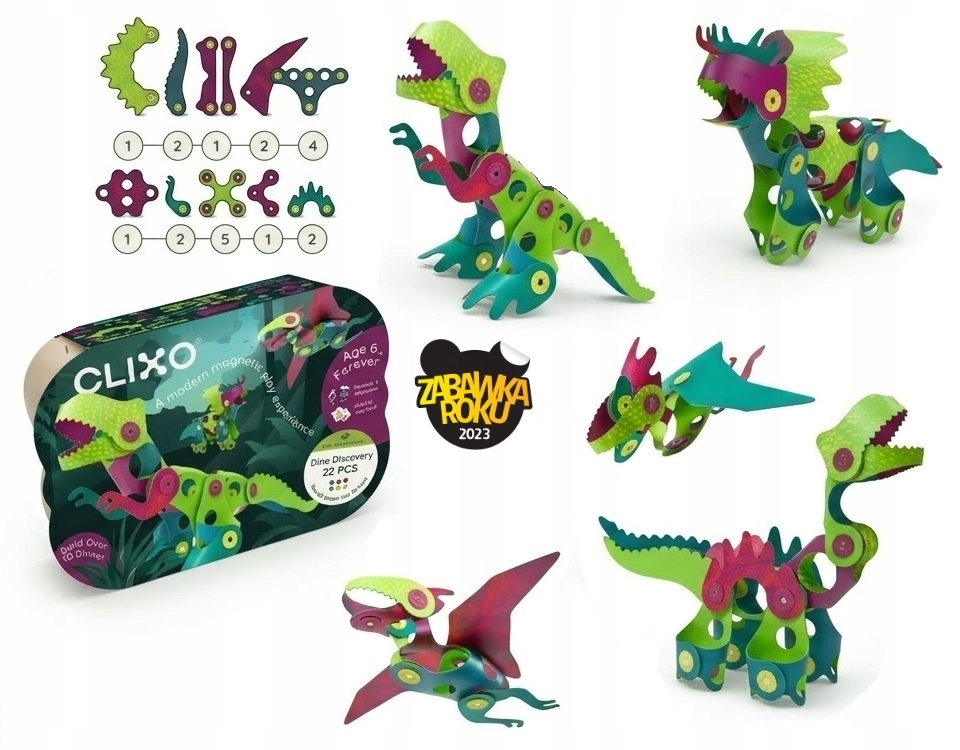 Clixo 22el Klocki magnetyczne przestrzenne budowanie modeli 3D Dinozaury