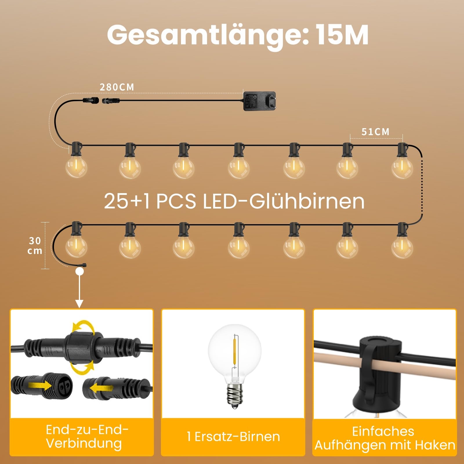YUUSEI 15M Lampki LED Zewnętrzne Pilot 25 Plastikowych Żarówek IP45 — miniatura 4