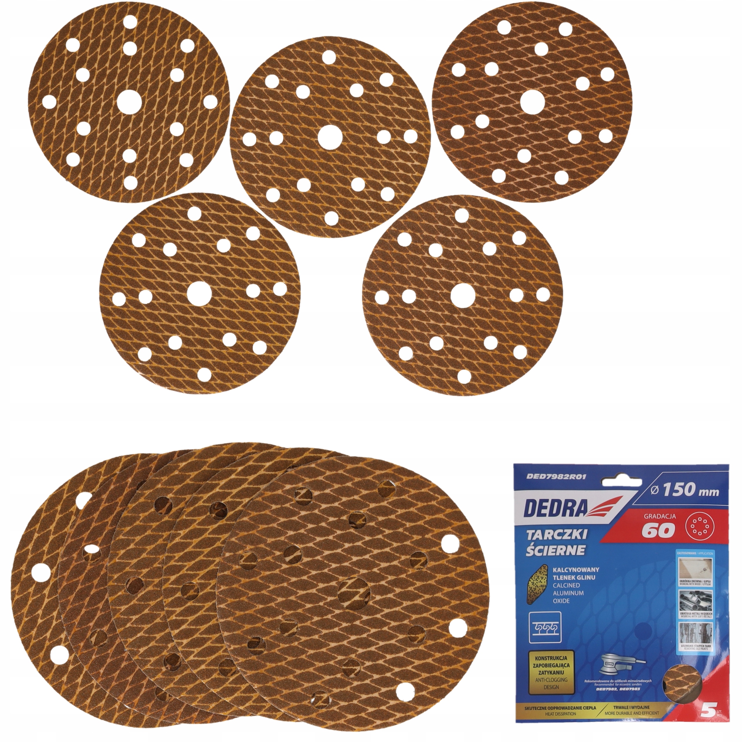 Krążki ścierne 150mm gr60 Dedra szlifierki mimośrodowej Papier Tarcze 5szt