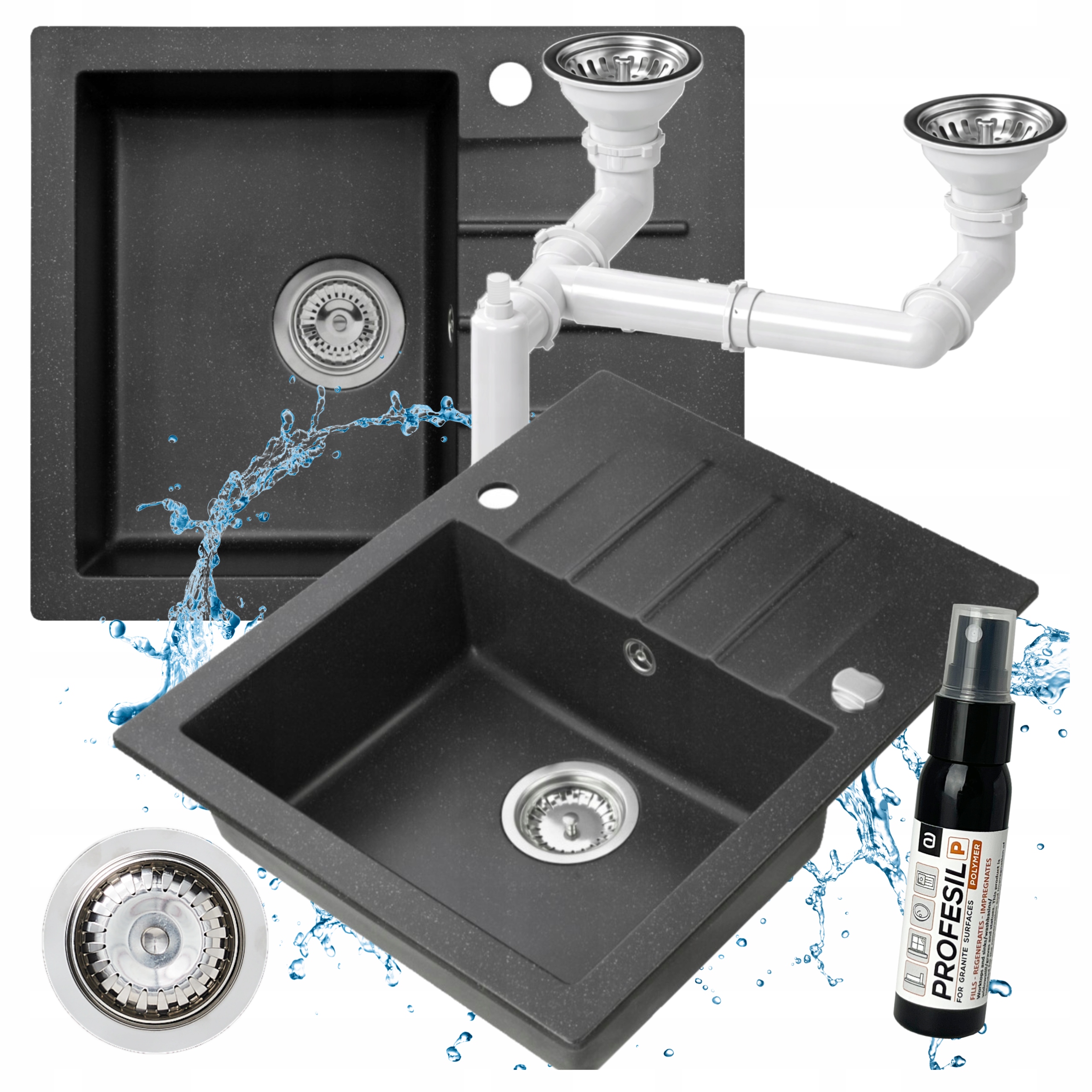 Granitový dřez Annie 20, černý 60x50, Jednokomorový, Odkapávač