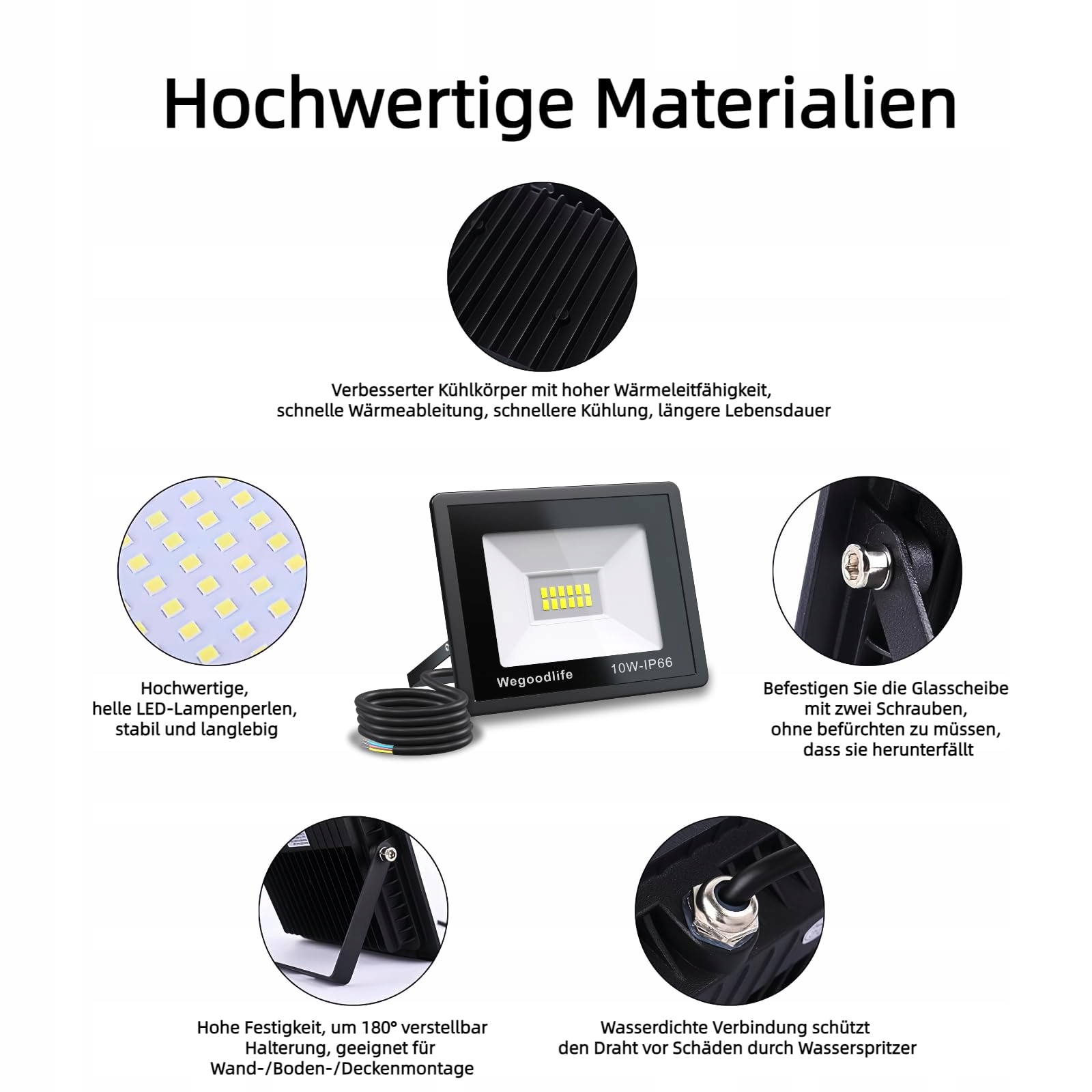 Reflektor LED Zewnętrzny Jasny Ciepły Biały Garaż Ogród IP66 WEGOODLIFE — miniatura 6