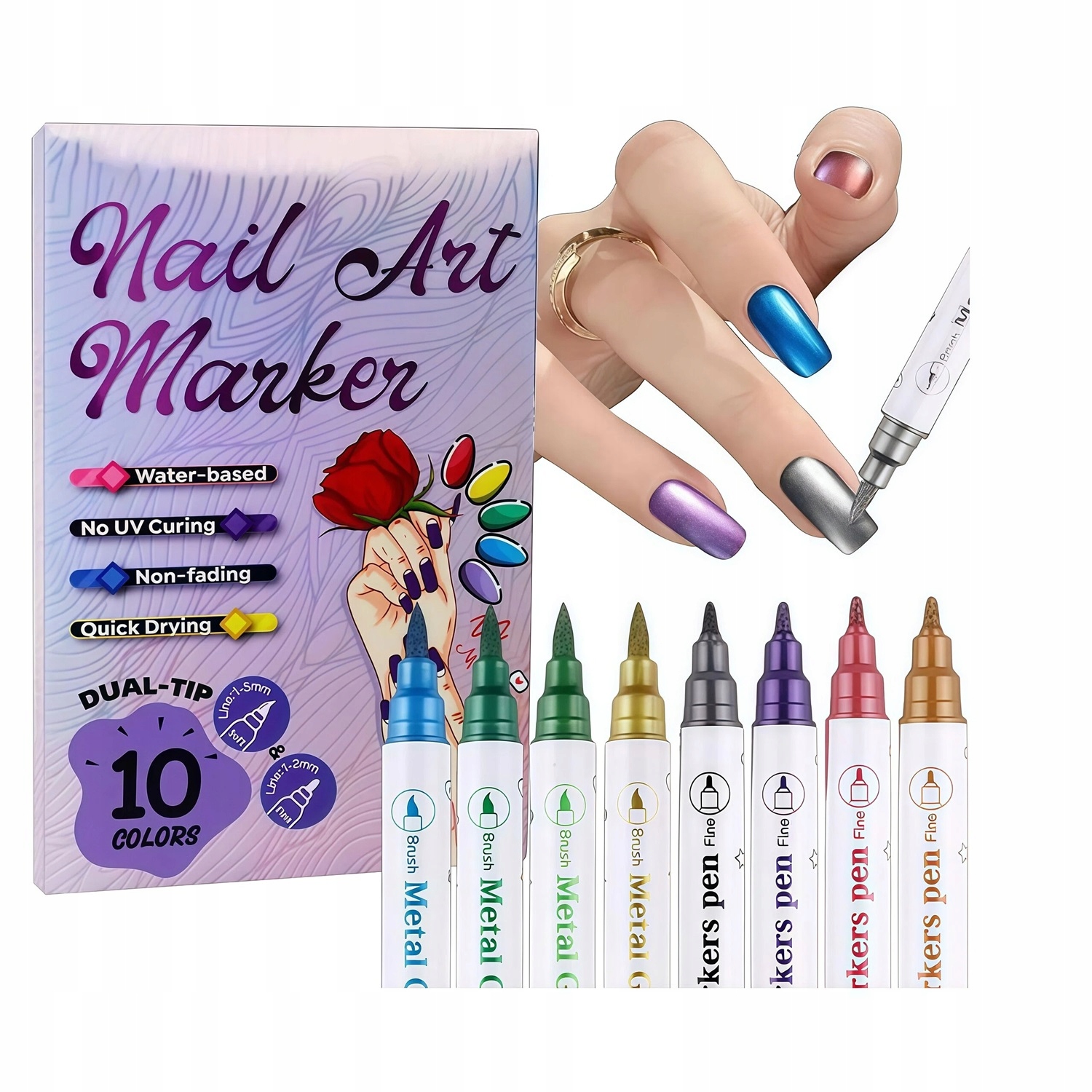 Fixy pro Nail Art 10 barev, oboustranná špička pro vzory