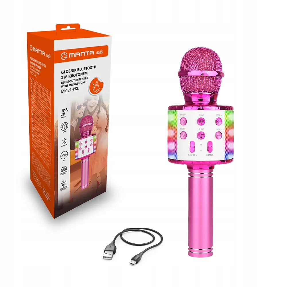 

Mikrofon karaoke z głośnikiem bluetooth Led różowy