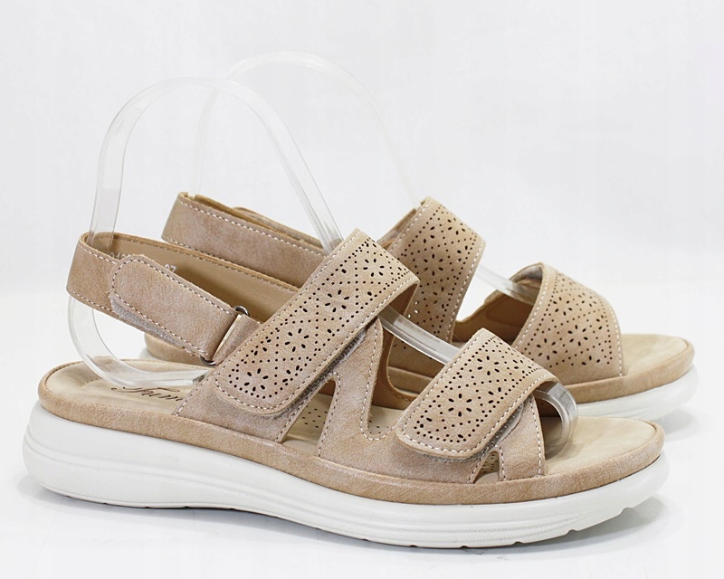 DAMSKIE WYGODNE PŁASKIE SANDAŁY NA RZEPY BEŻ KHAKI 6-12 39 Marka inna