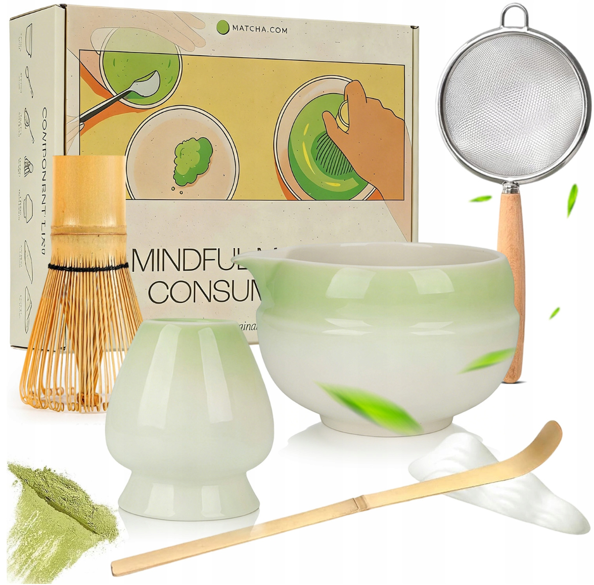 Zestaw Do Matcha 7 Szt Gradient Zielony Ceramiczny Bambusowy Z Górską Górą