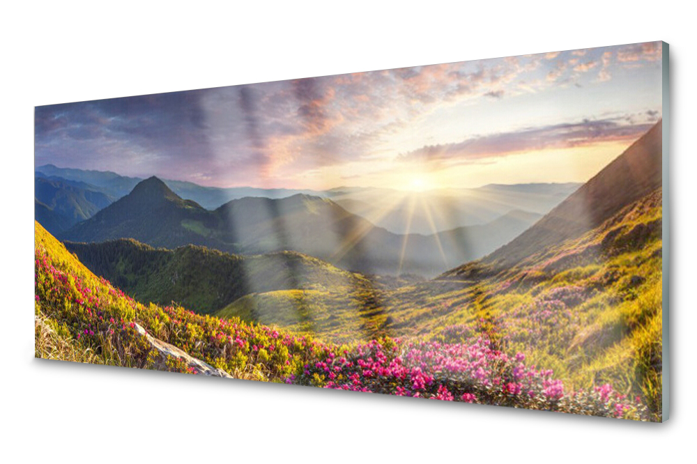 Sklenený panel do kuchyne Hora Lúka Slnko 125x50