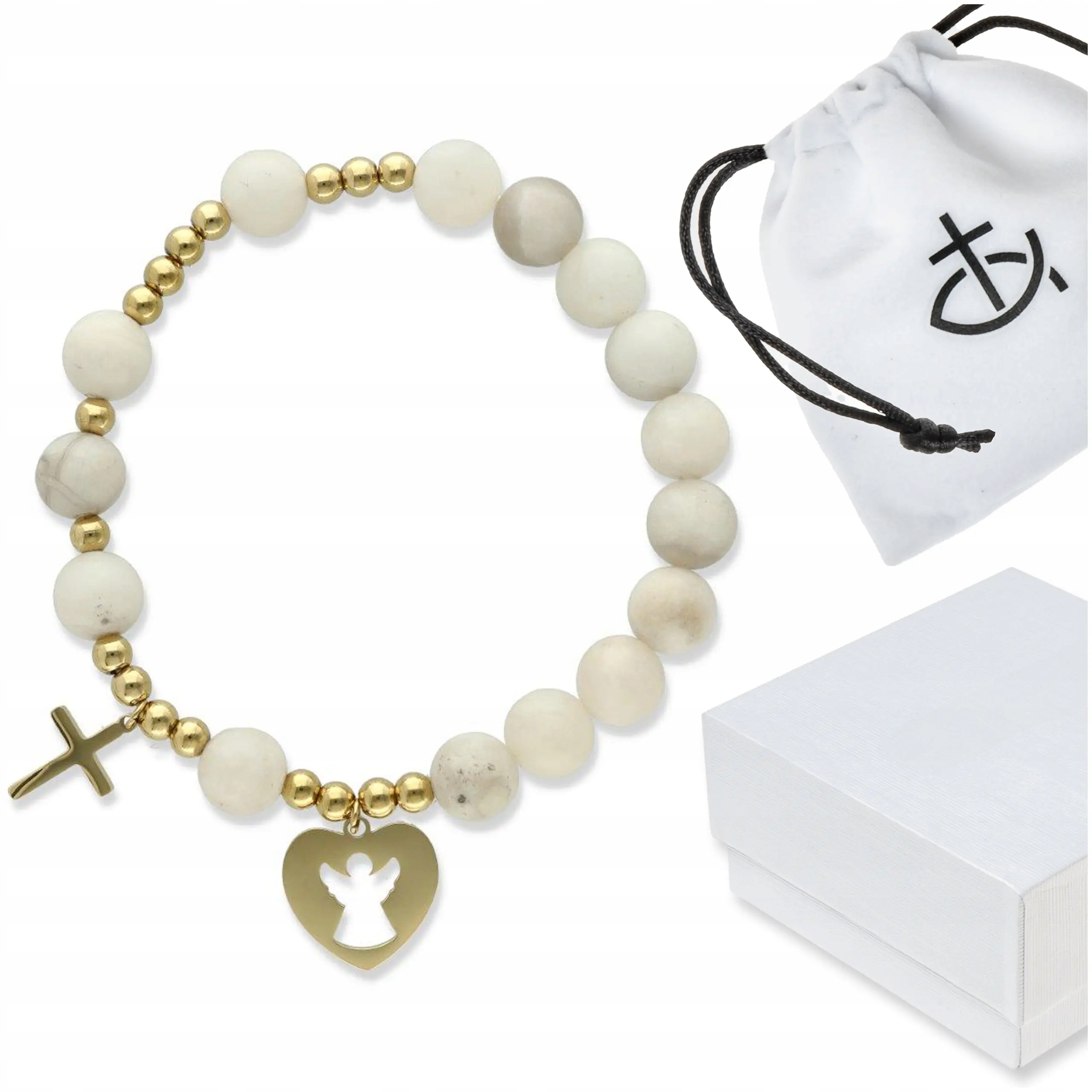Bílý náramek Růženec na ruku kameny s krabičkou dárek k přijímání