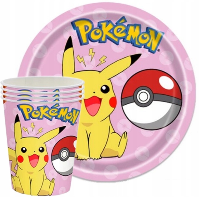 NOWOŚĆ POKEMON ZESTAW RÓŻOWY URODZINOWY TALERZYKI KUBKI PIKACHU POKEBALL