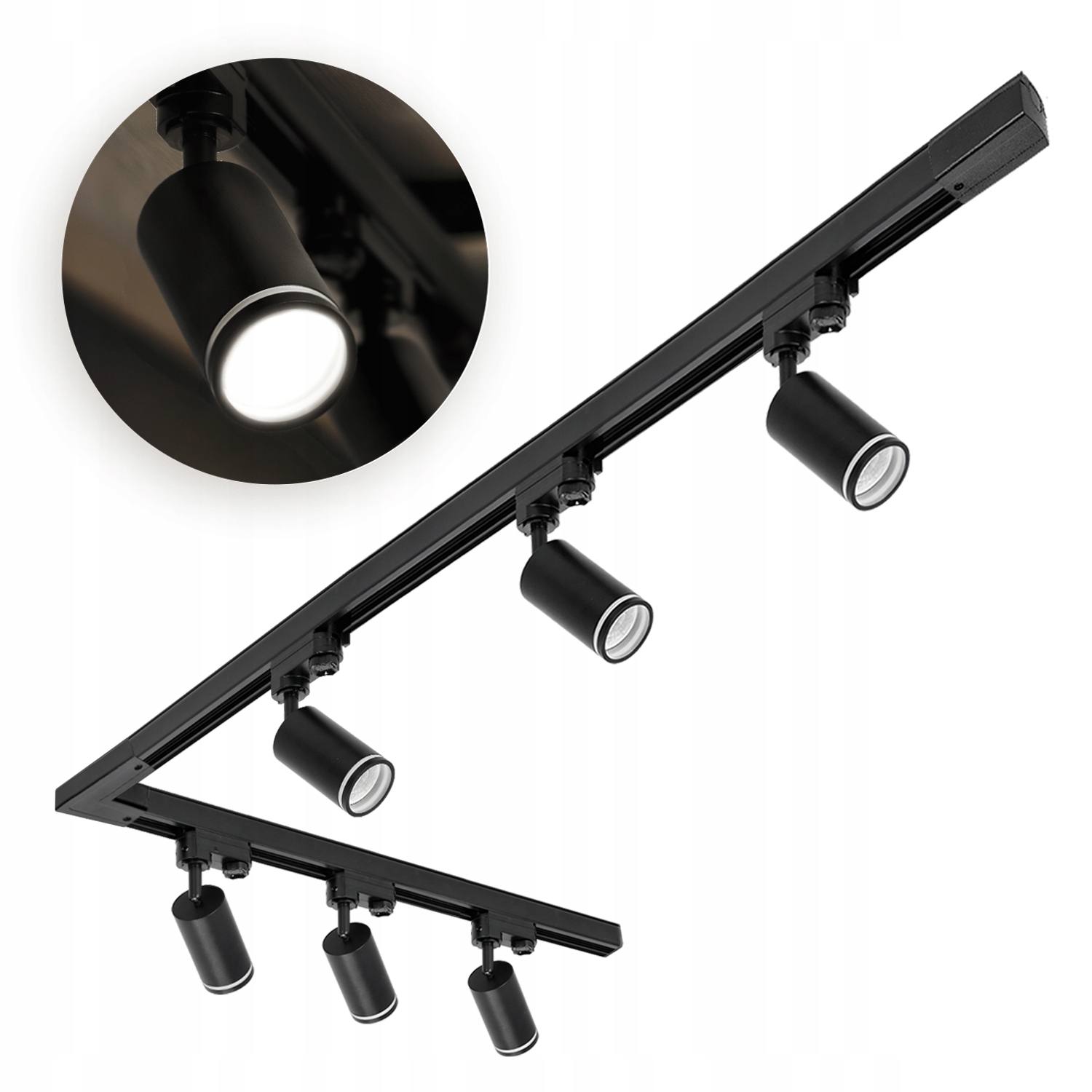 3-fázový set koľajníc 6x Lampa na GU10 Koľajnica 1 m 2 m Spojka L Čierna