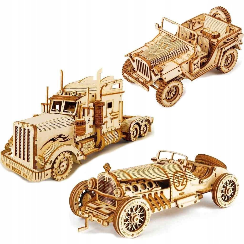 

Zestaw 3 pojazdów samochodów drewnianych 875el