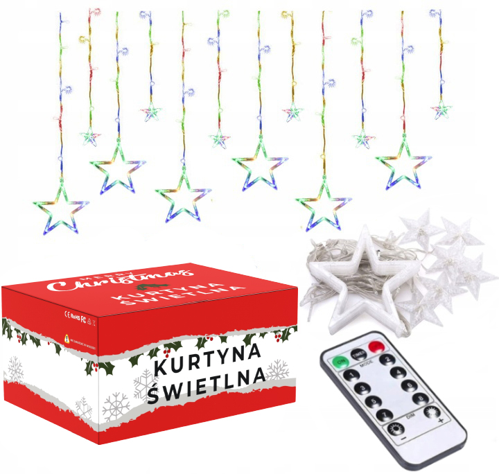 KURTYNA LAMPKI KOLOROWE LED GWIAZDY GIRLANDA 3m