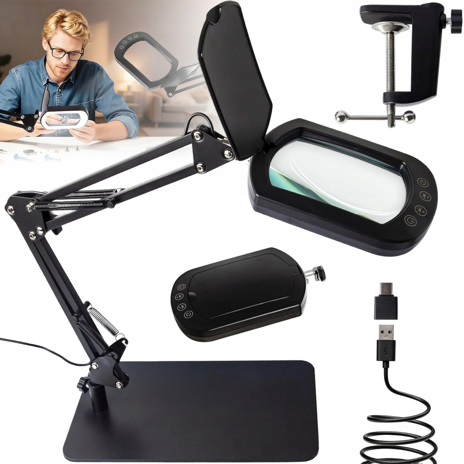 Led Lampa S Lupou A Držákem Na Stůl, Servisní Kruhová, 10 X 5 Režimů