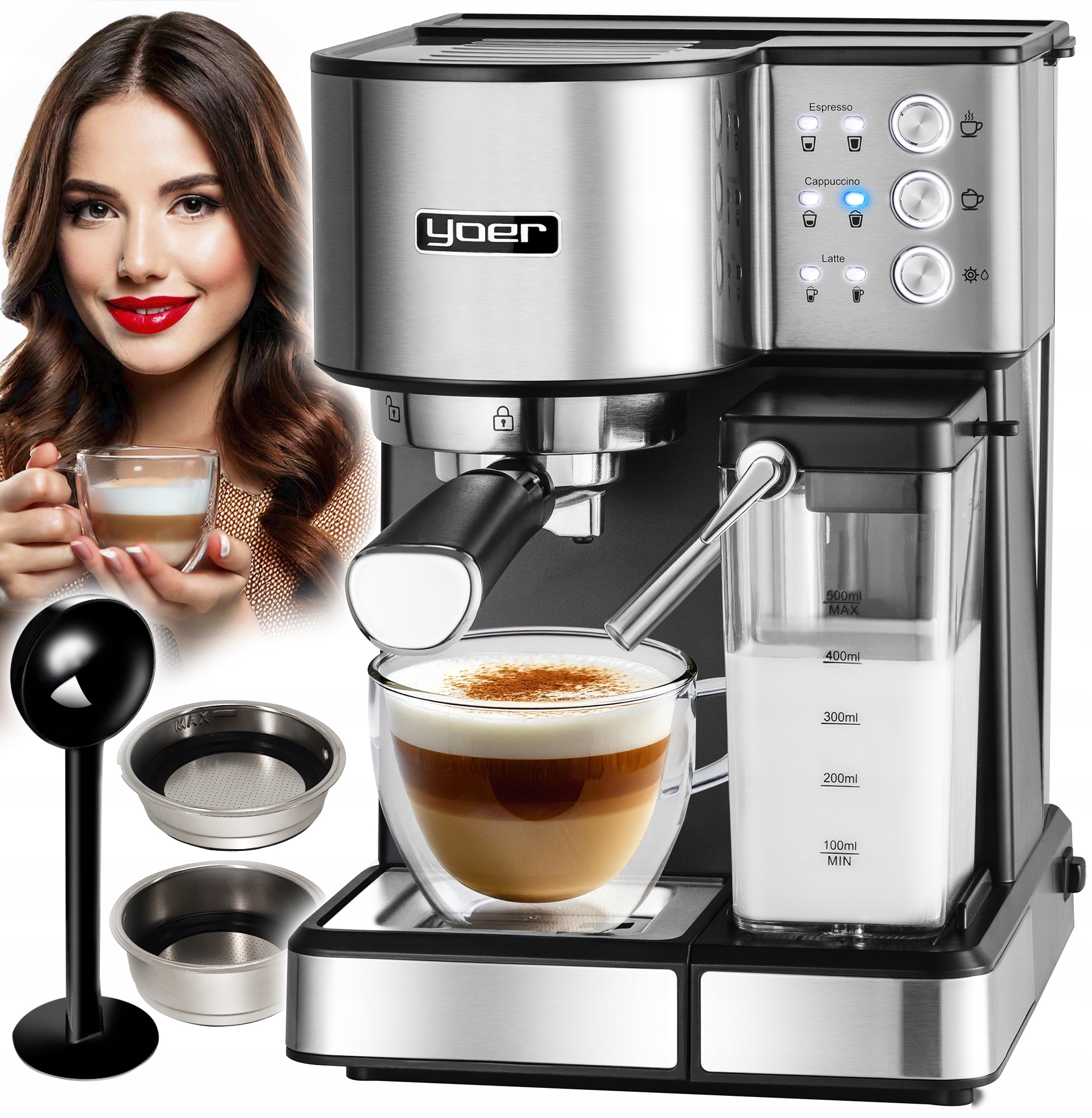 Ekspres do kawy Ciśnieniowy Automatyczny Yoer Inox 20bar Spieniacz Mleka