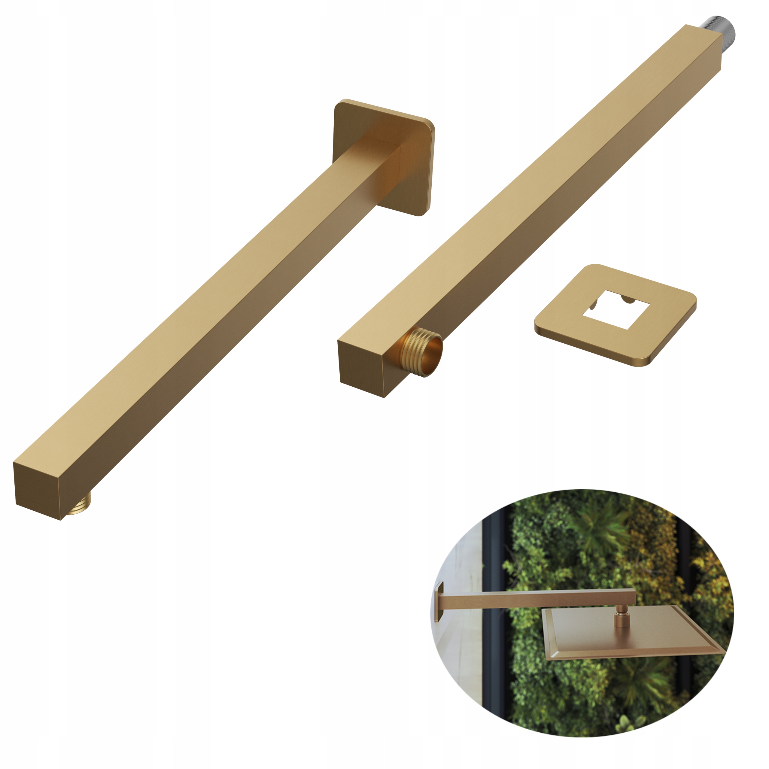 Čtvercové rameno dešťové sprchy brush gold, nástěnná sprchová trubka, držák