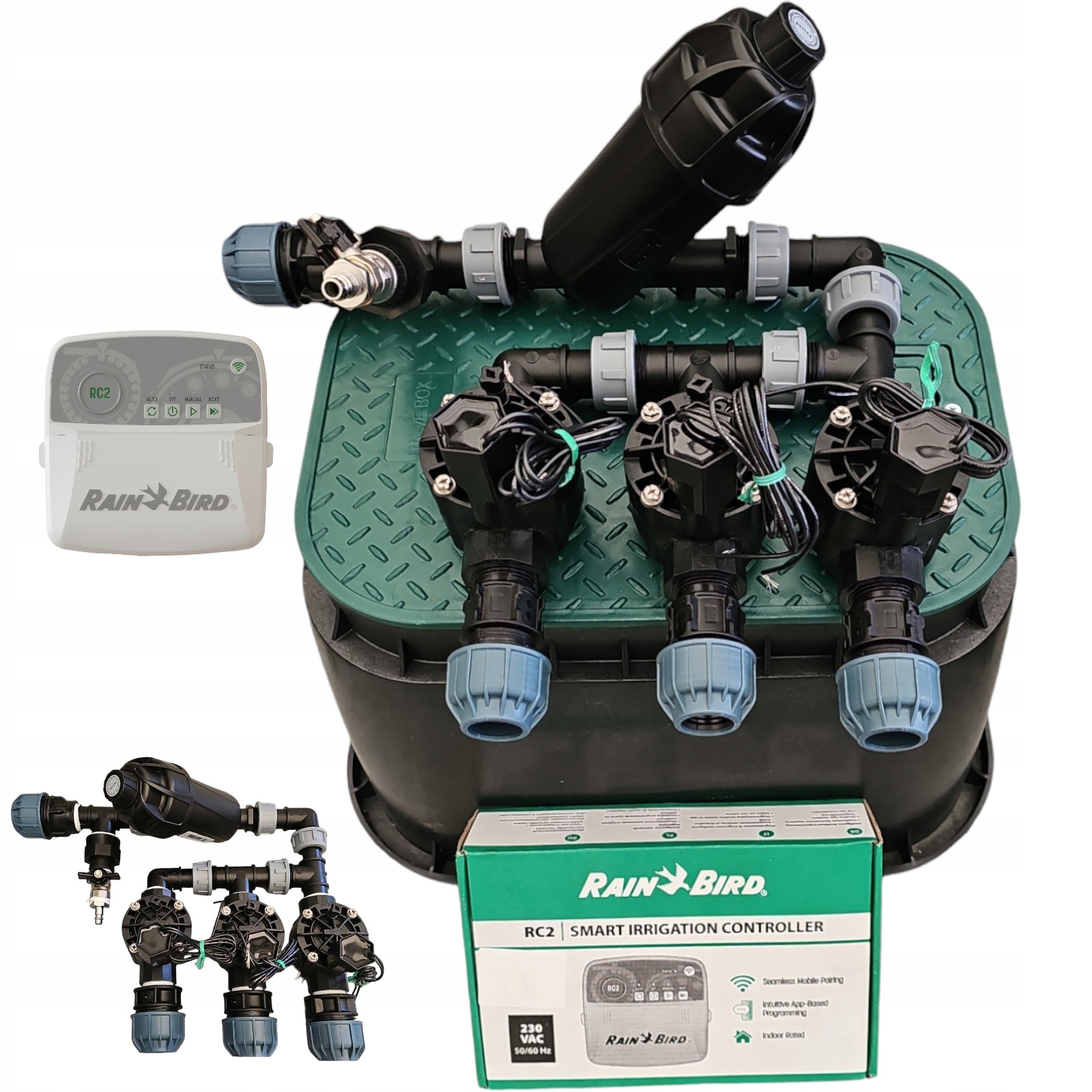 Zestaw Rain Bird Hv 3 sekcje z filtrem Sterownik RC2 WiFi Studzienka Pe 32