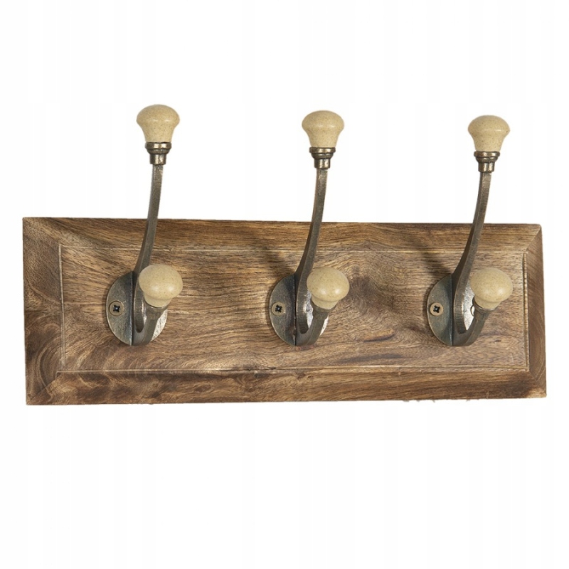 Dřevěný nástěnný věšák s 3 béžovými háčky Isabelle 30x7x10 cm