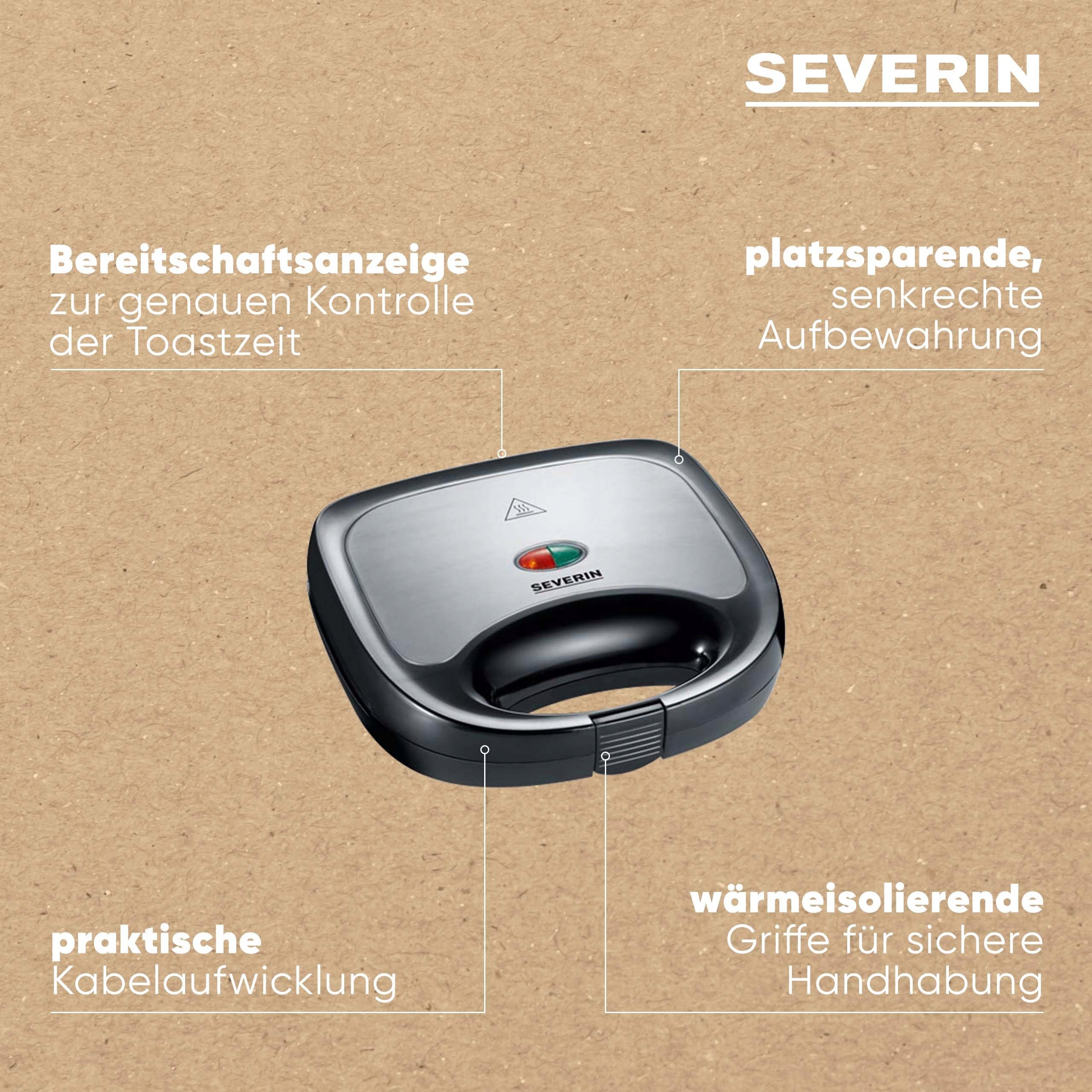 SEVERIN Opiekacz 2 Kanapki, Nieprzywierająca Powłoka, 600W, Stal Nierdzewna — miniatura 4