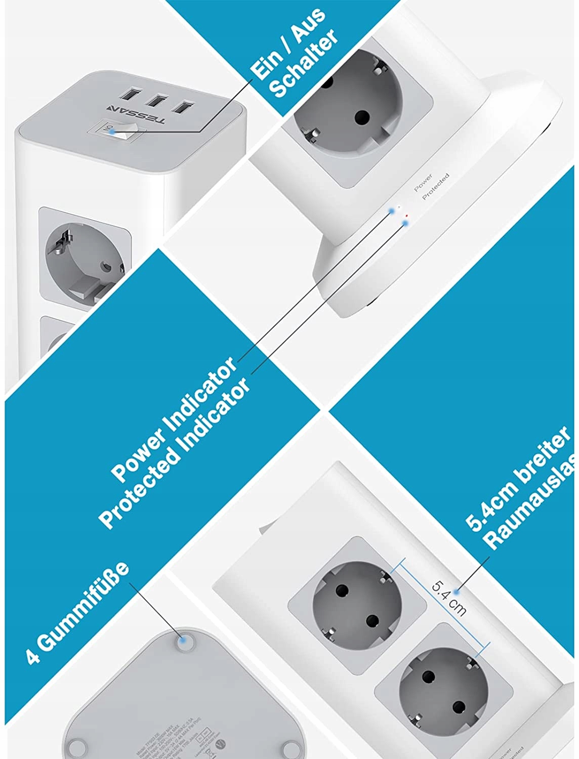 LISTWA ZASILAJĄCA 8 GNIAZD 3USB STOJĄCA KOMPAKTOWA Długość przewodu 2 m