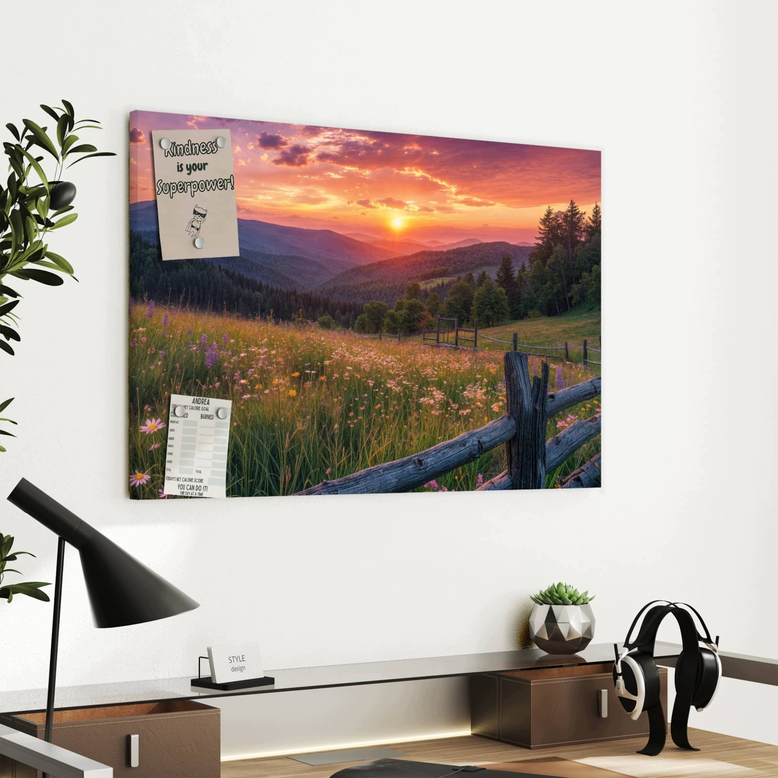 Magnetická tabule Louka květinová Dřevěný plot 60 × 40 cm