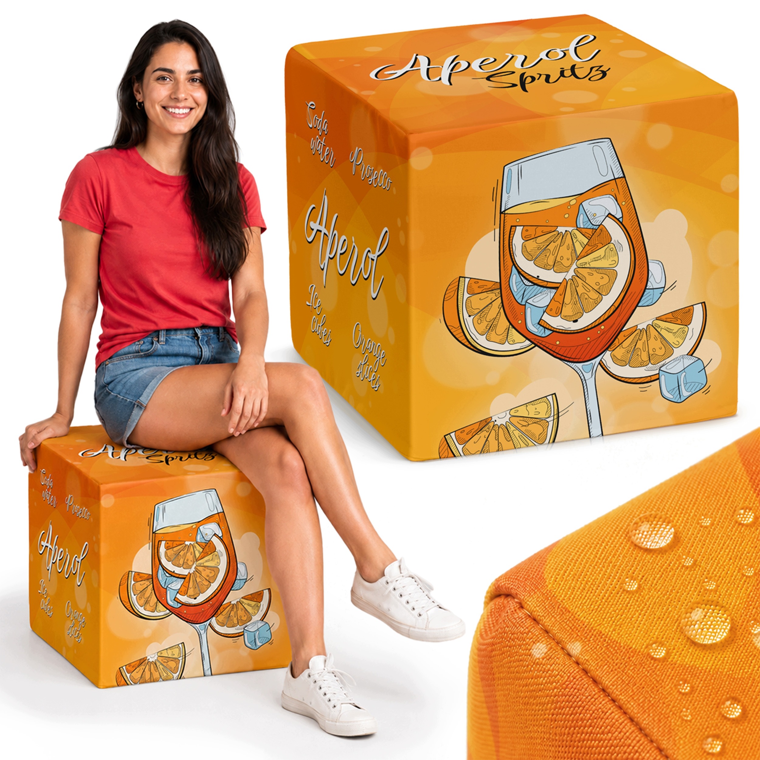 Taburet Kostka 40x40x40 cm Podnožka Čtvercová S Potiskem Aperol Sedadlo