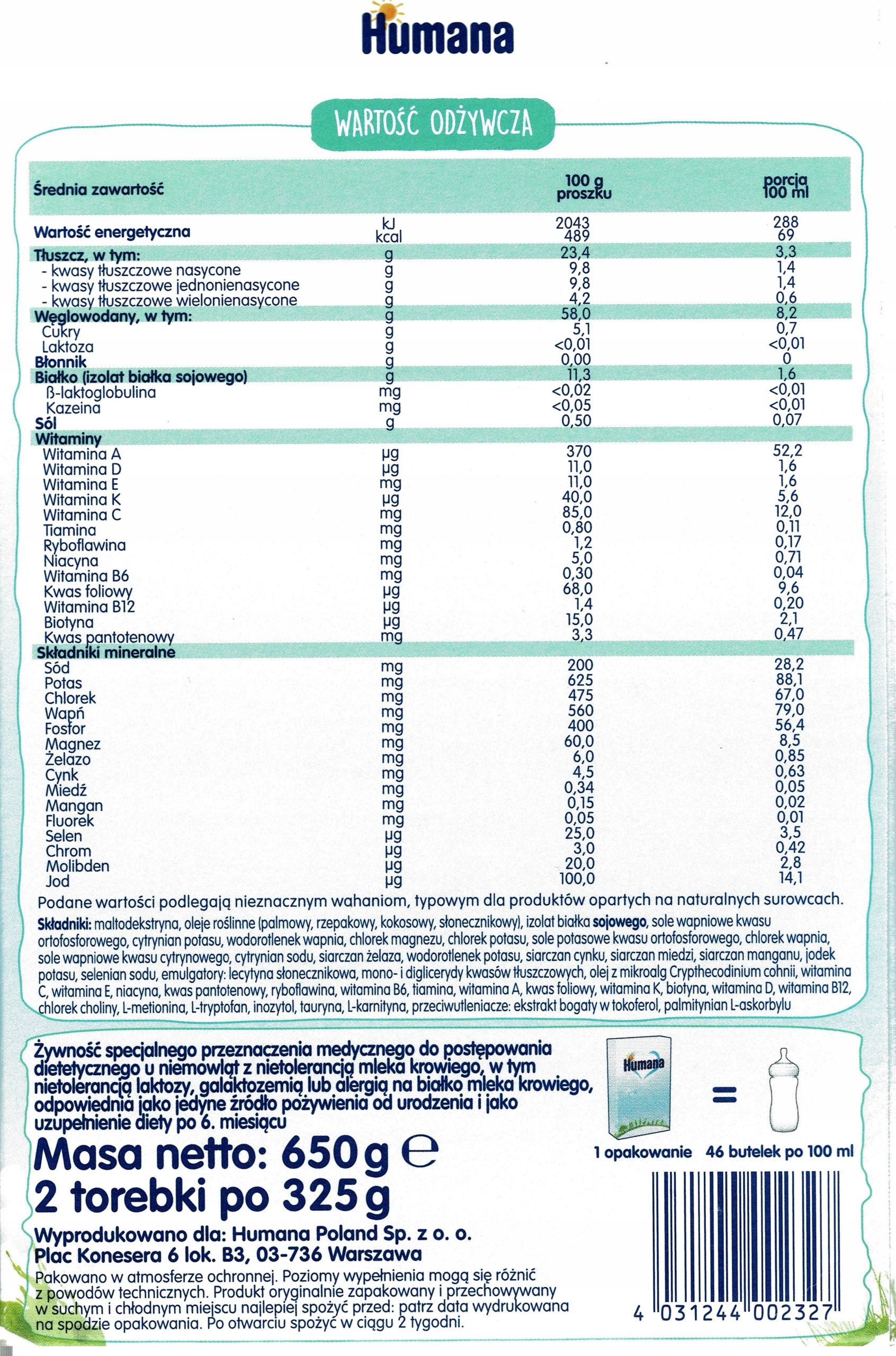 Humana SL prod bezmleczny sojowy = 4 sztuki X 650g Kod producenta 4031244002327