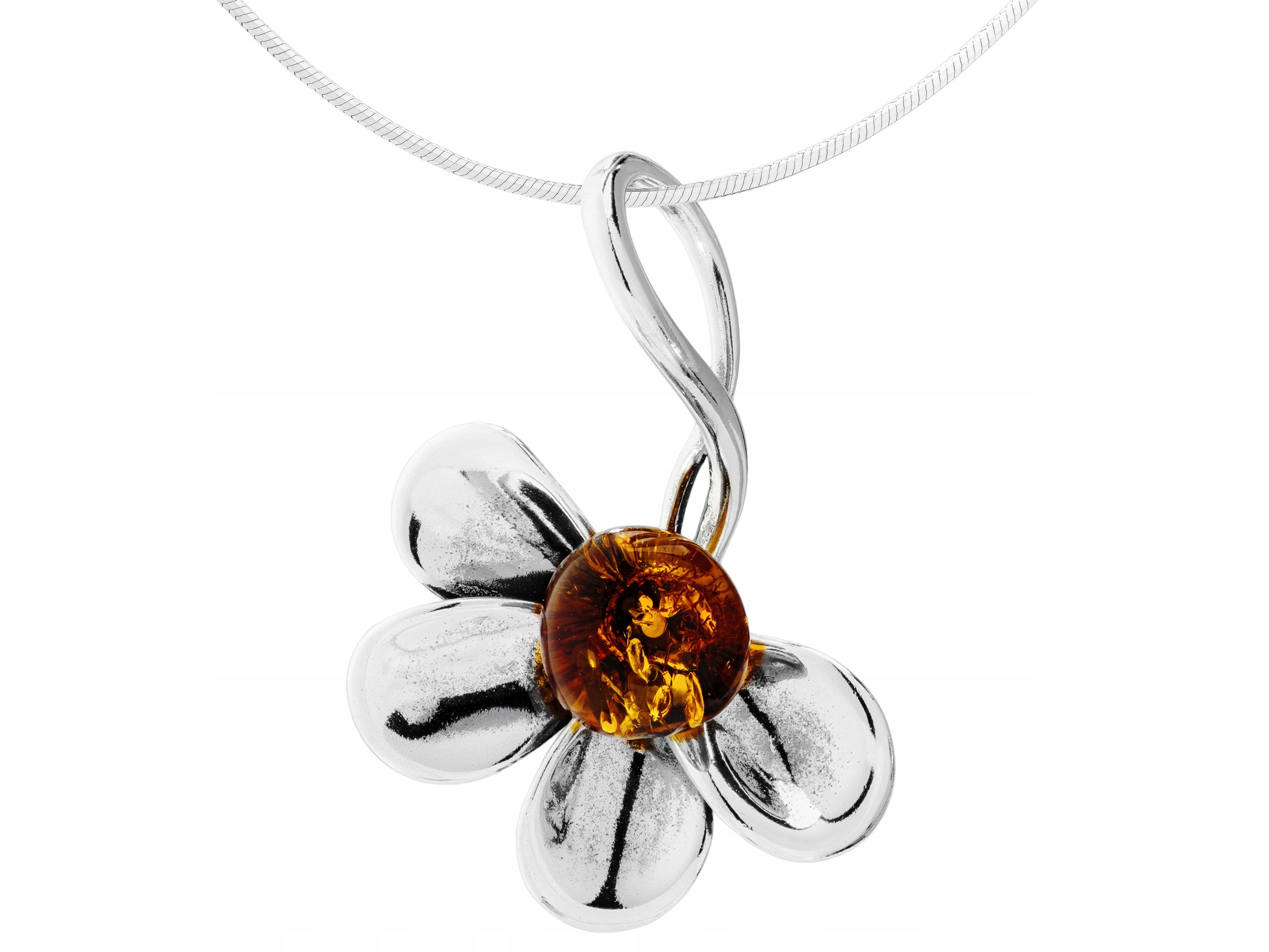 Velký Stříbrný Oxidovaný Dámský Náhrdelník Květina s Jantarem Krátký 45 cm