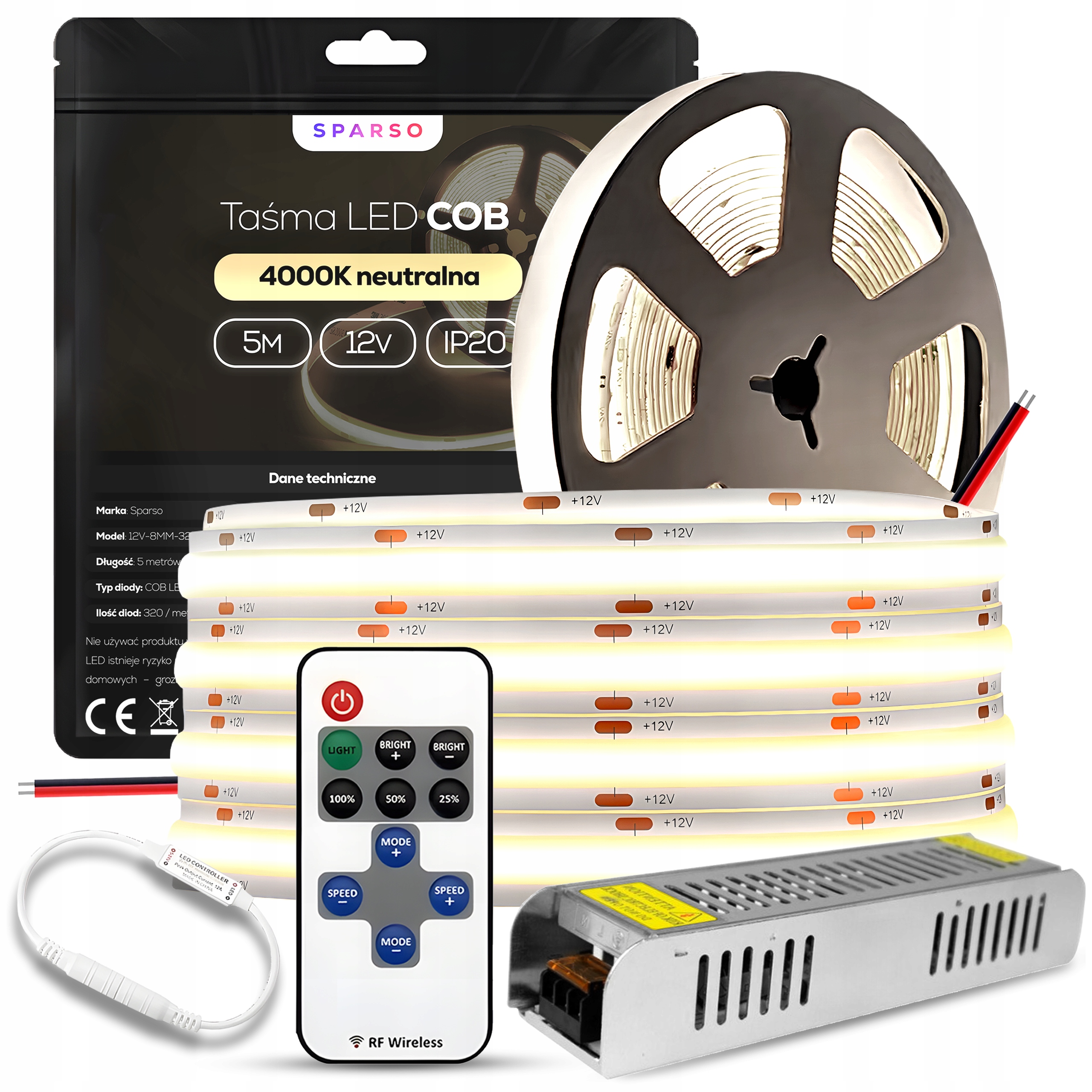 Zestaw Taśma Led Cob Neon 5m 12V 4000K Biała Neutralna mocna Zasilacz Pilot